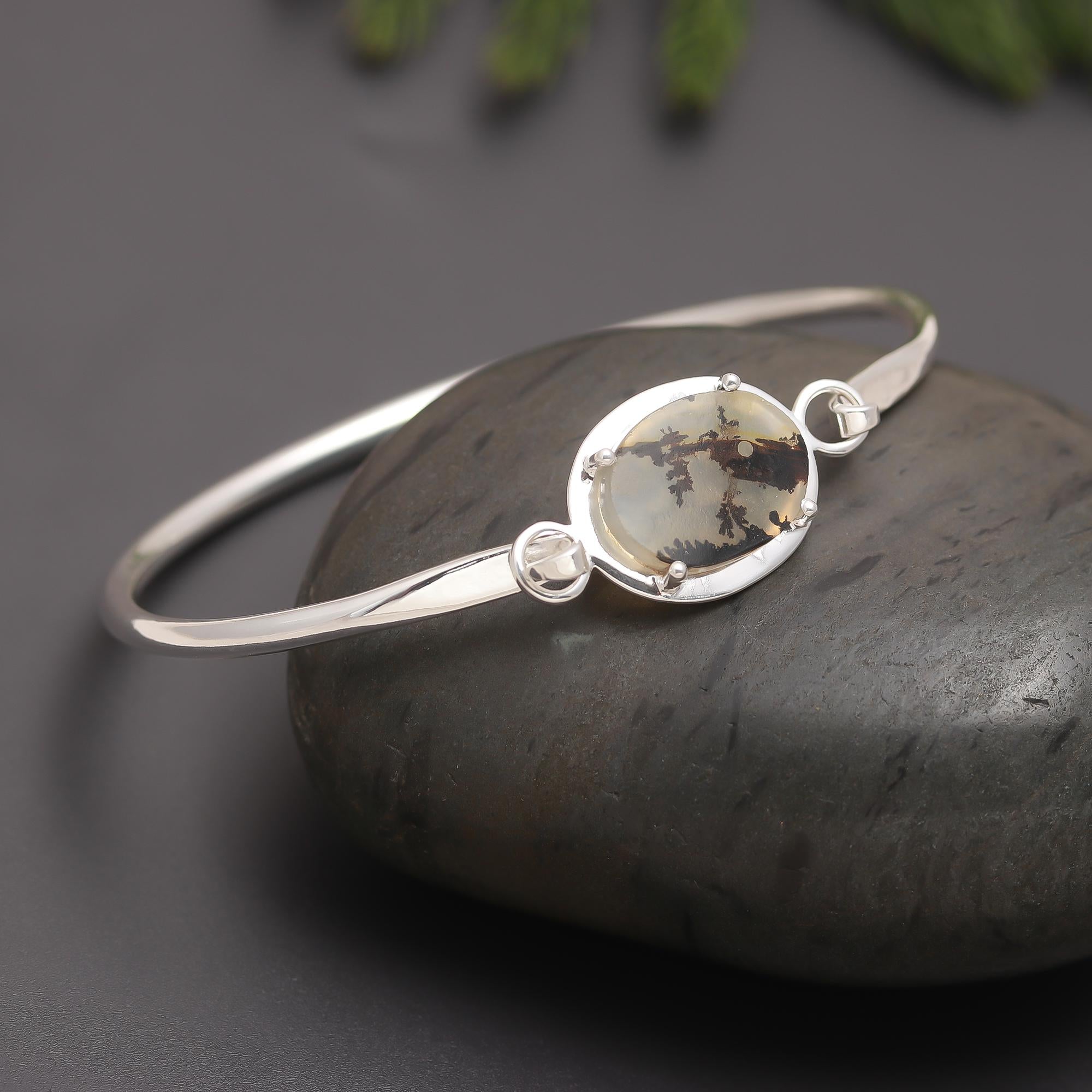 925 Silver Dendritic Agate Bangle Bracelet