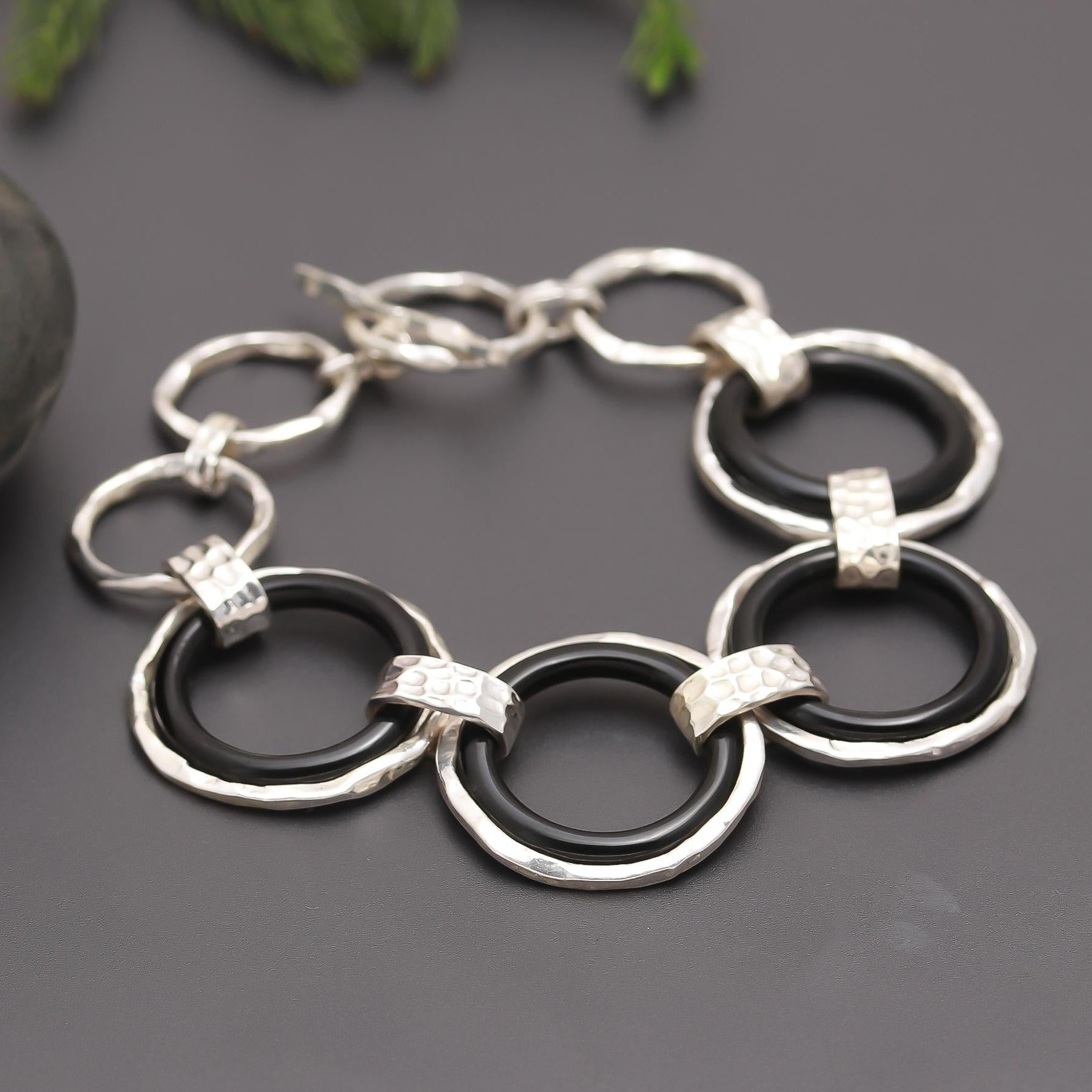 925 Silver & Black Onyx Circle Link Statement Bracelet