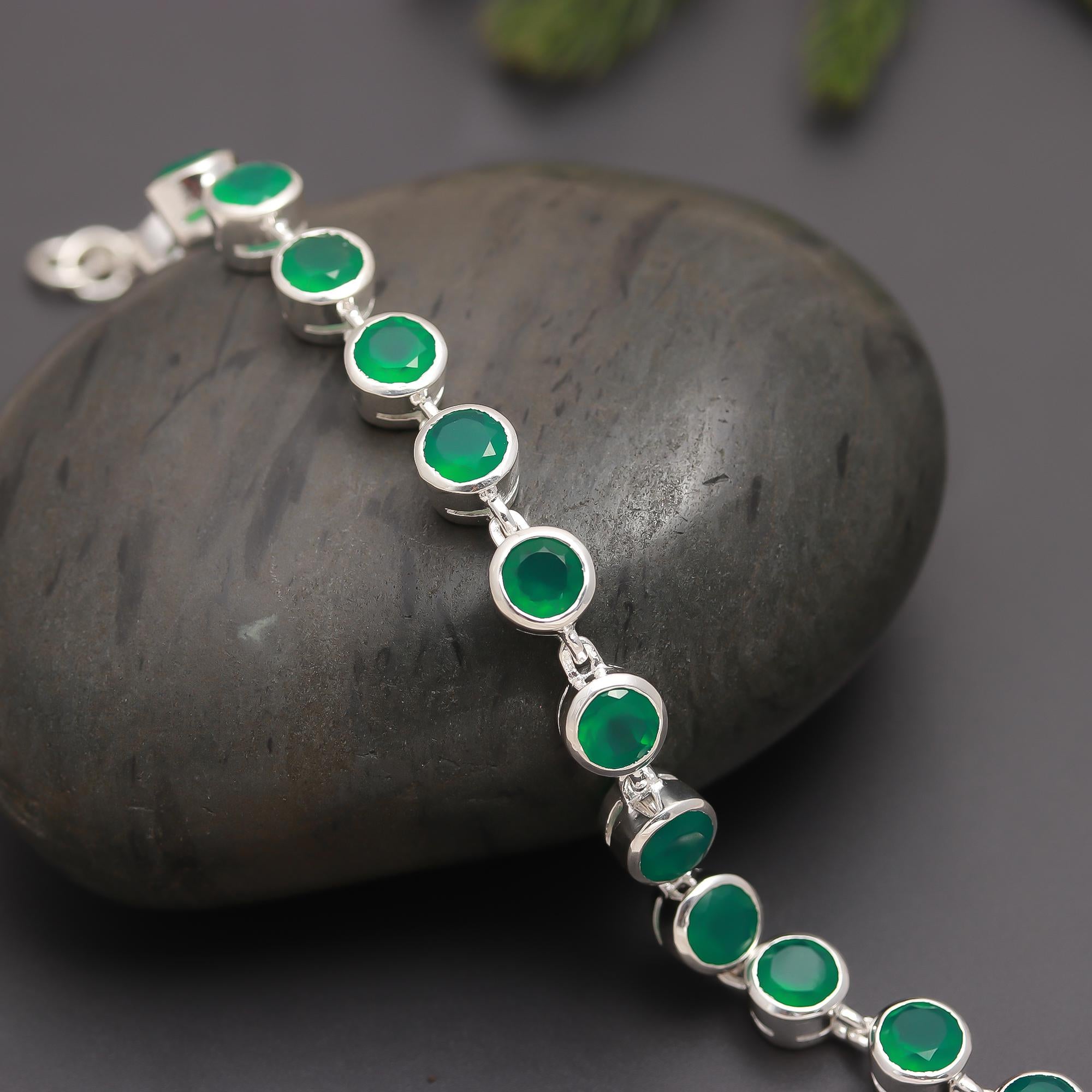 925 Silver Round Green Onyx Link Bracelet