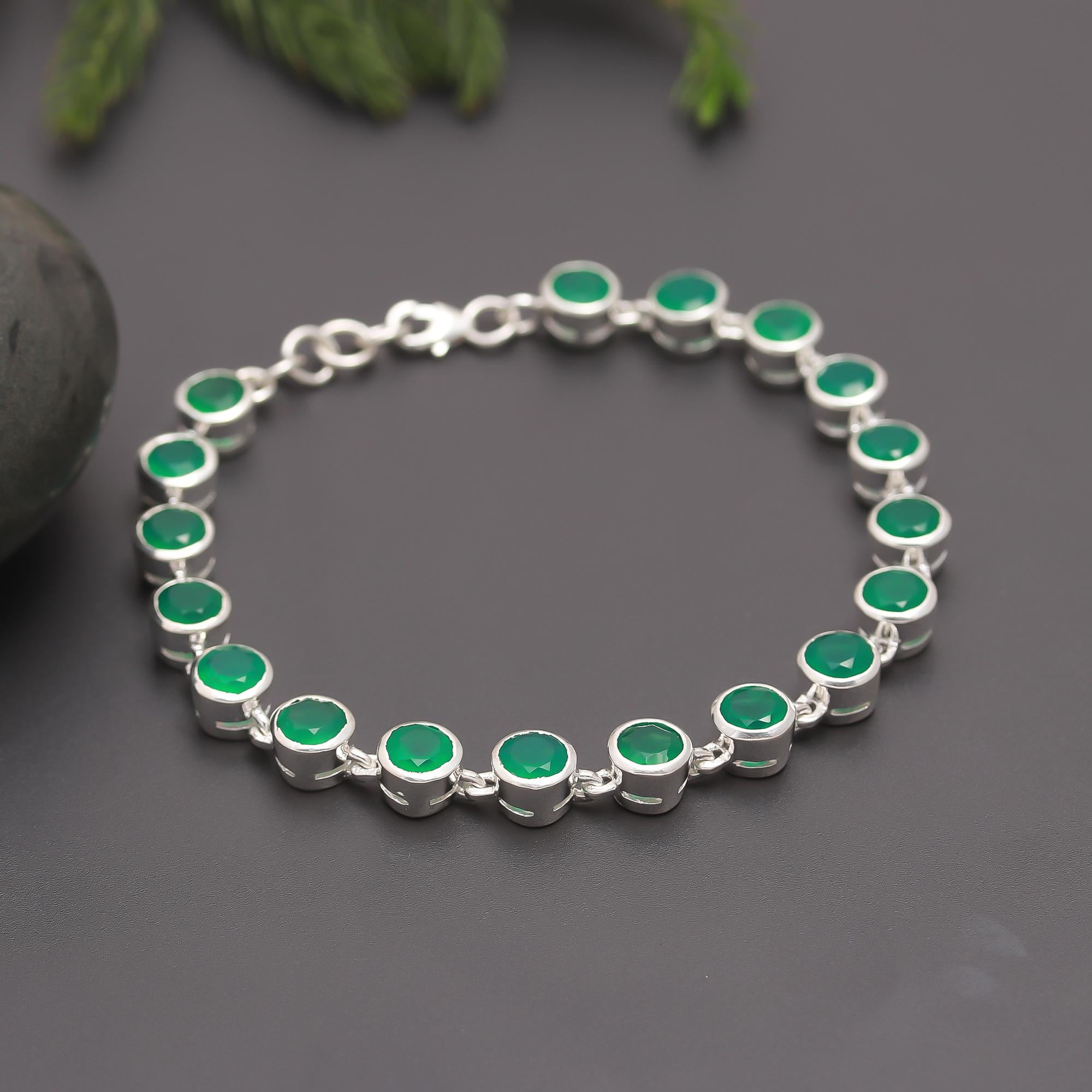 925 Silver Round Green Onyx Link Bracelet