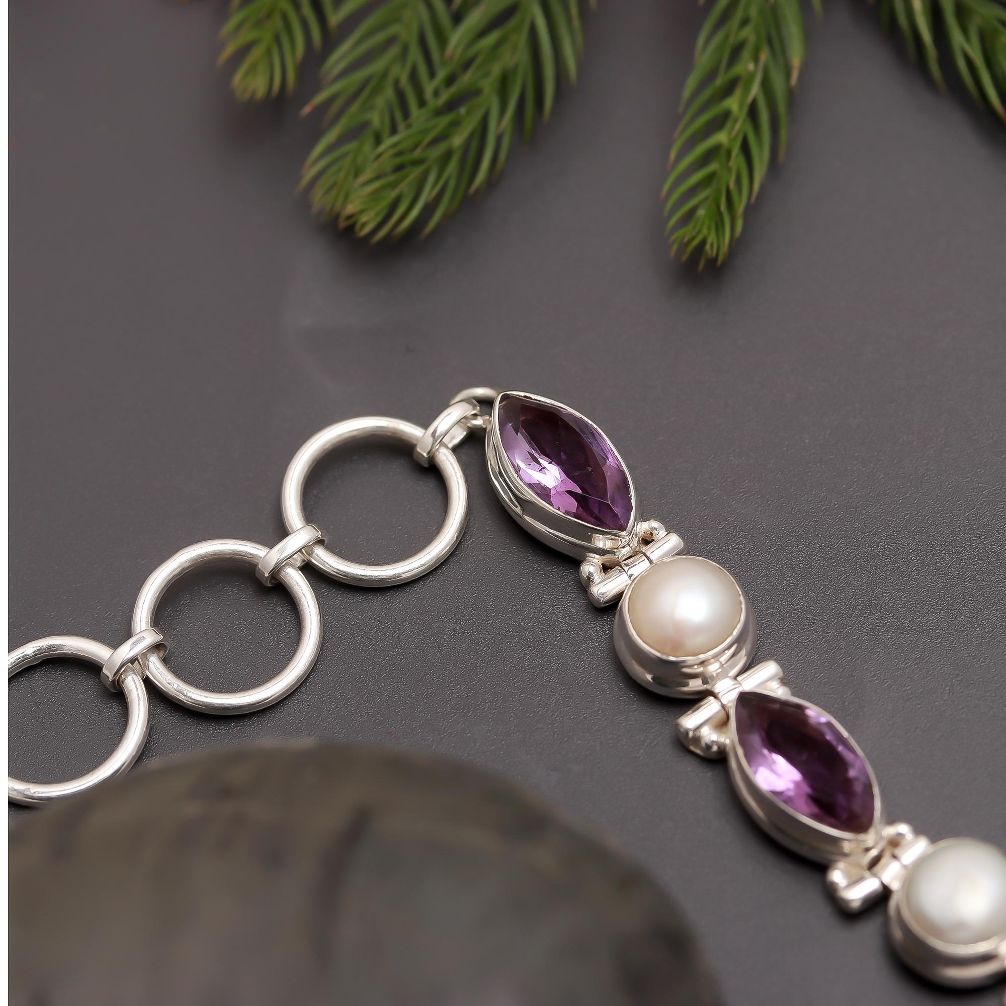 925 Silver Pearl & Amethyst Link Bracelet