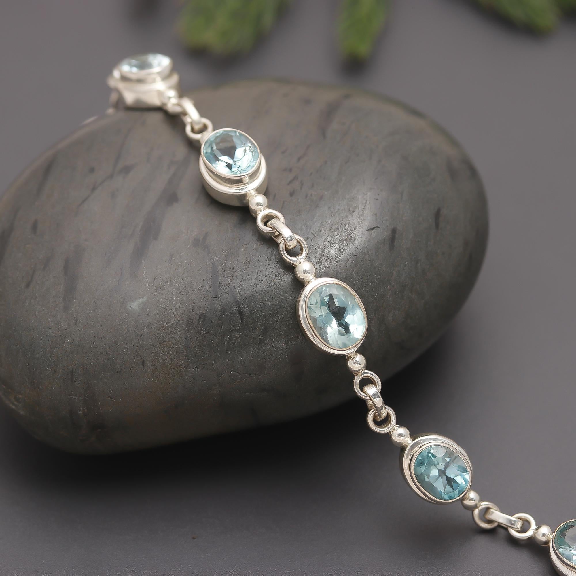 925 Silver Oval Aquamarine Link Bracelet