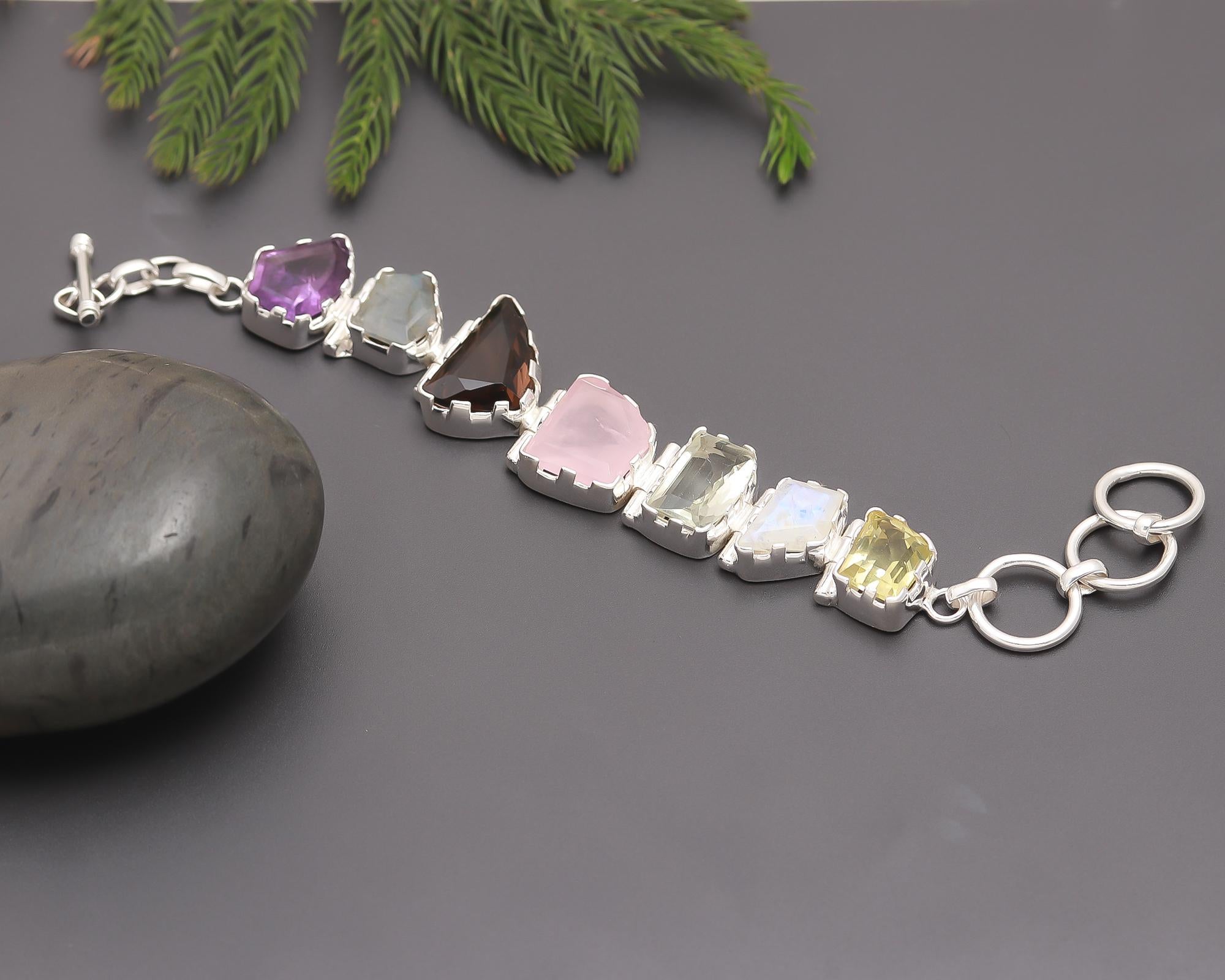 925 Silver Mixed Gemstone Statement Bracelet