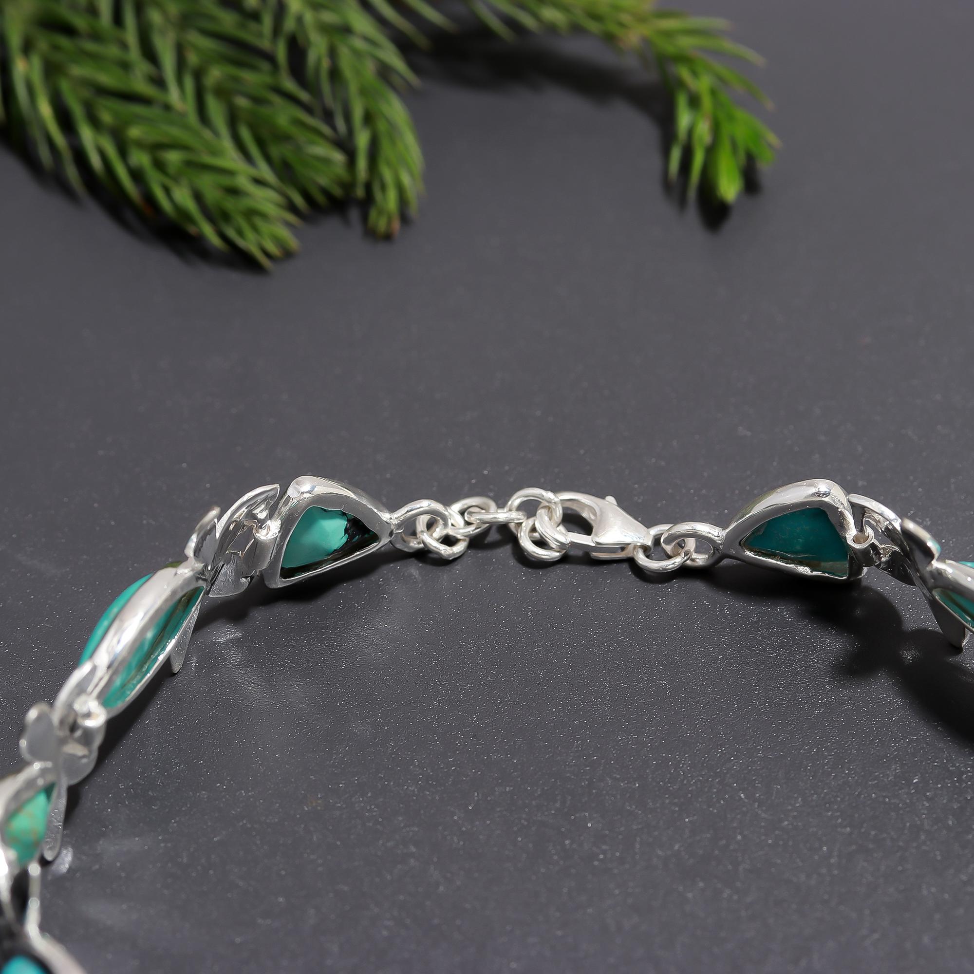 925 Silver Turquoise Floral Motif Link Bracelet