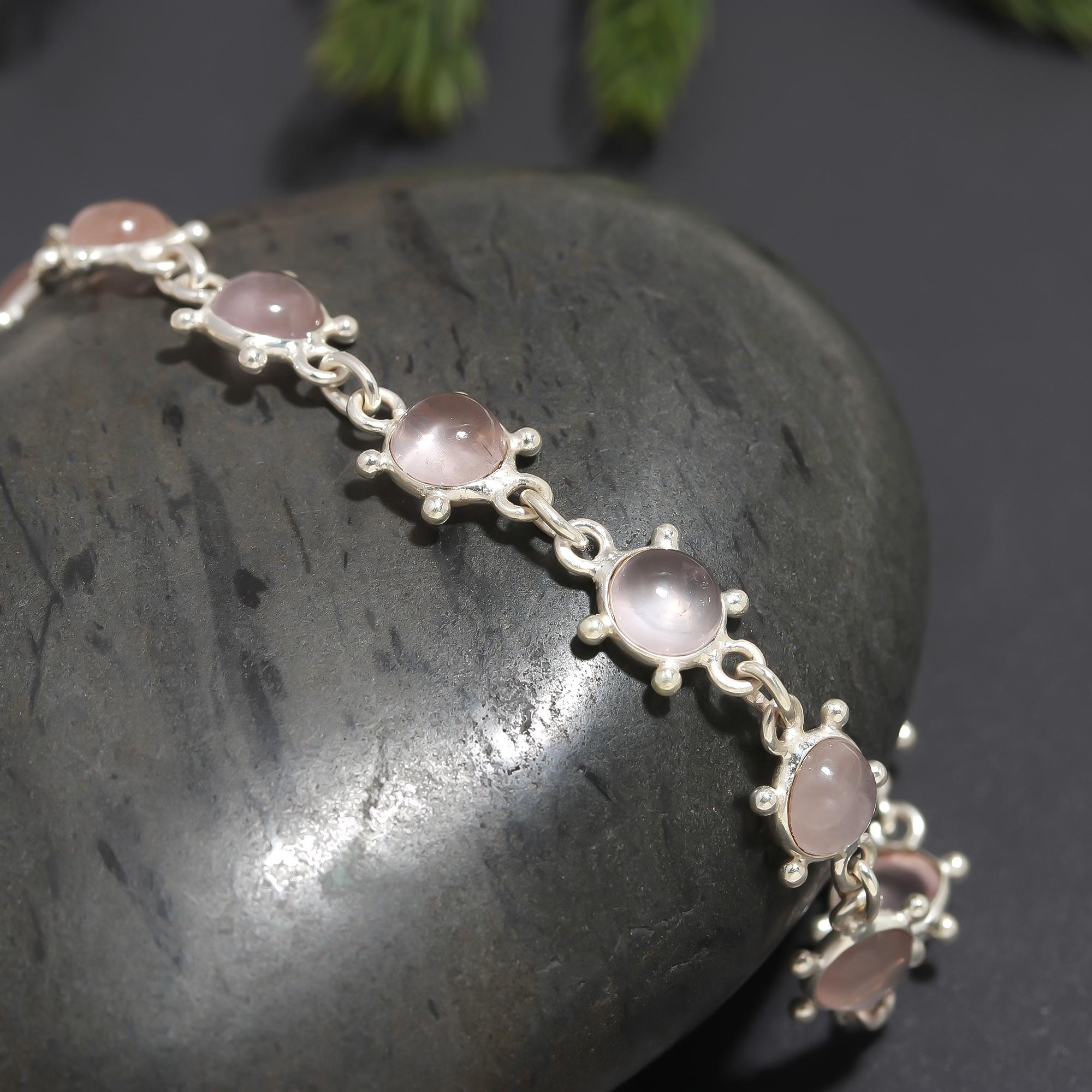 925 Silver Rose Quartz Link Bracelet