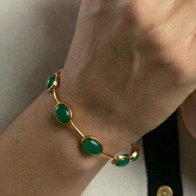 925 Silver Oval Green Onyx Bangle Bracelet