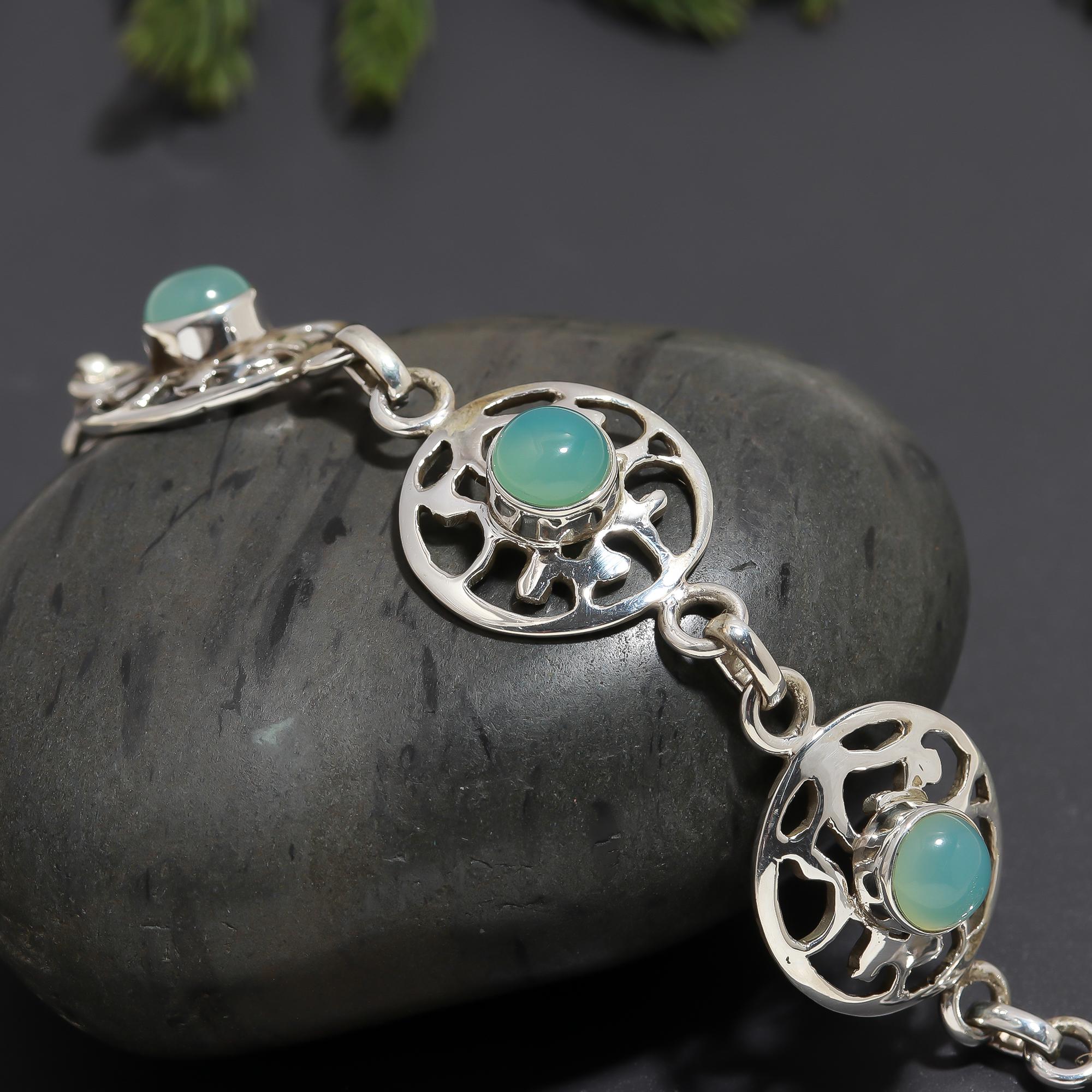 925 Silver Filigree Green Chalcedony Bracelet