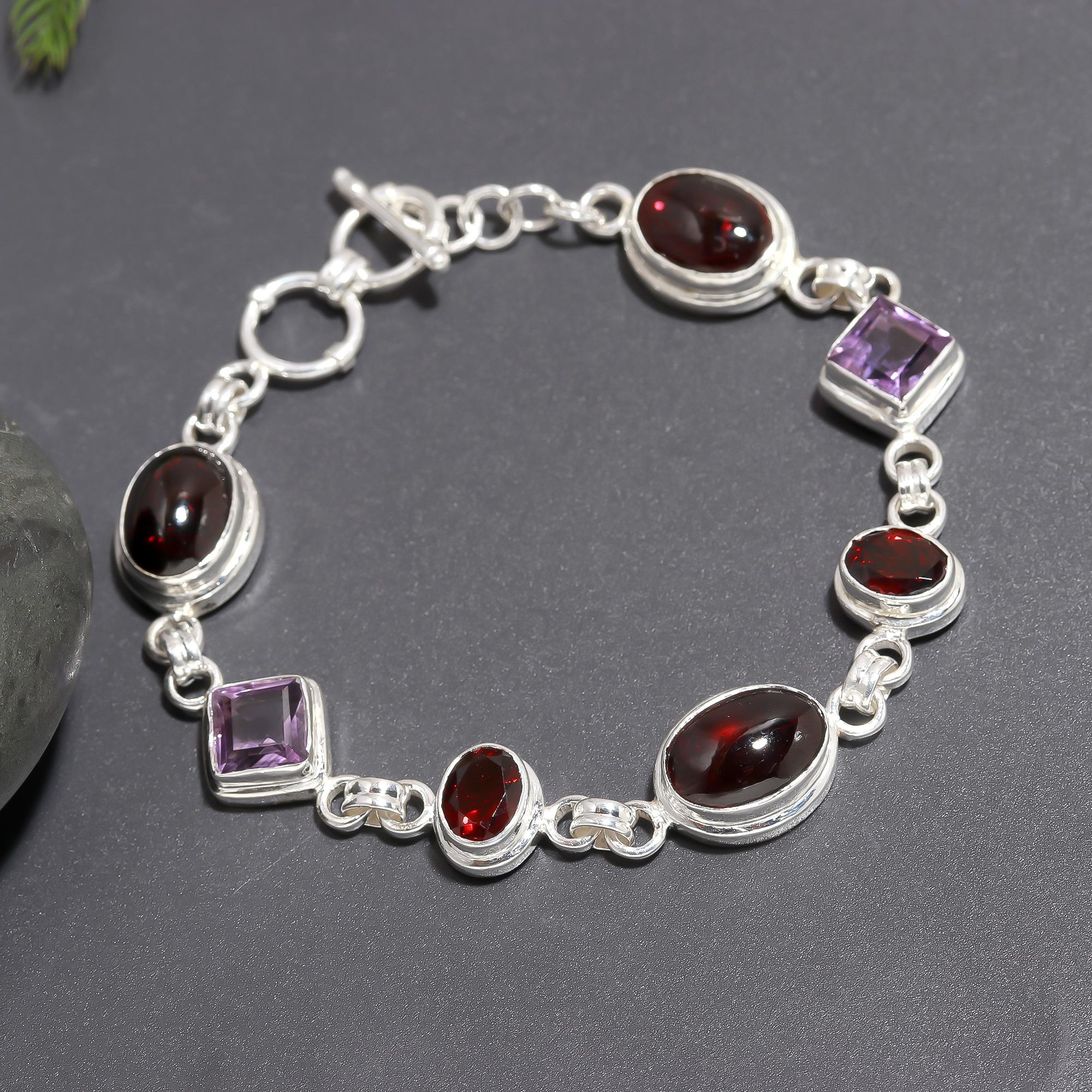 925 Silver Garnet and Amethyst Link Bracelet