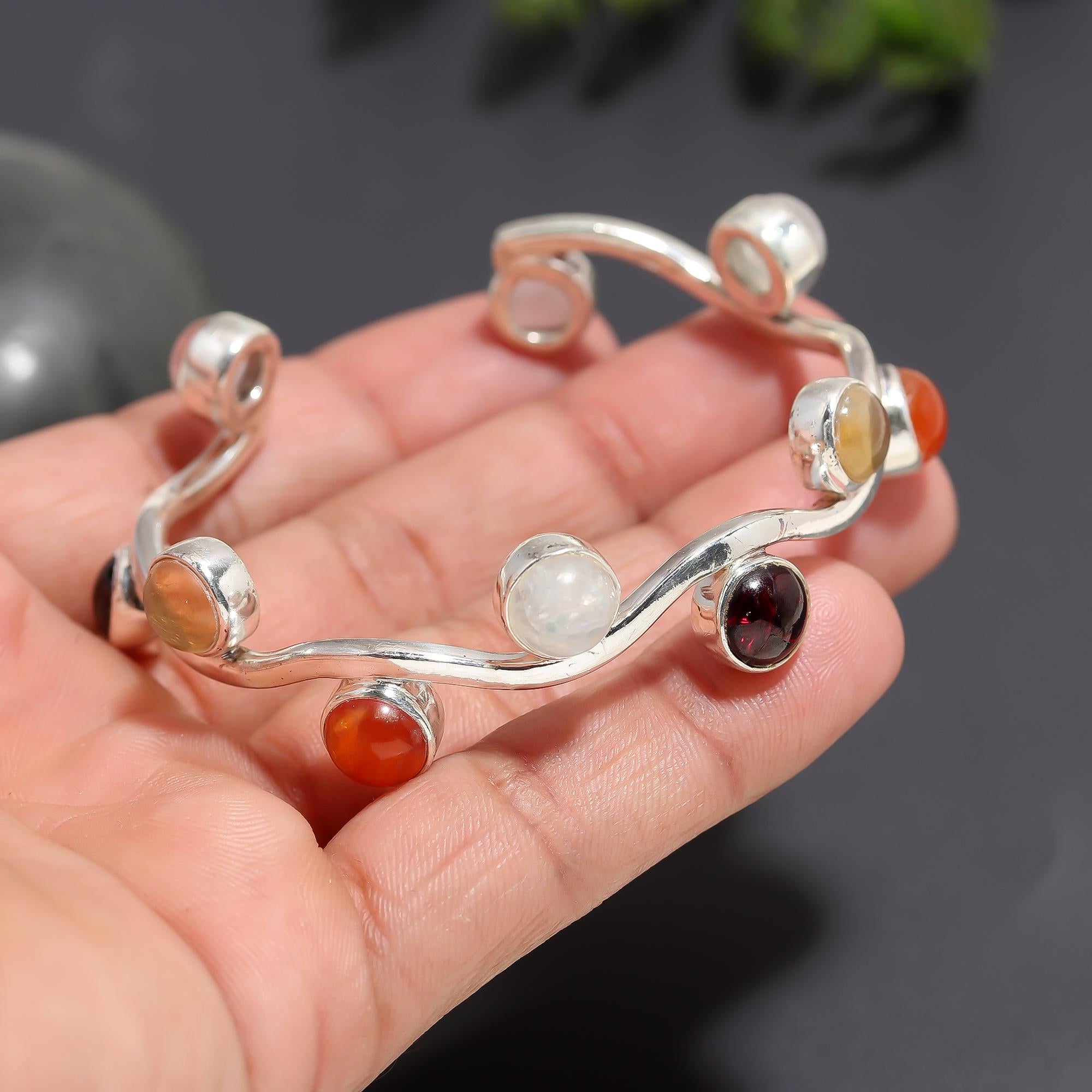 925 Silver Wavy Multi-Gemstone Open Cuff Bracelet