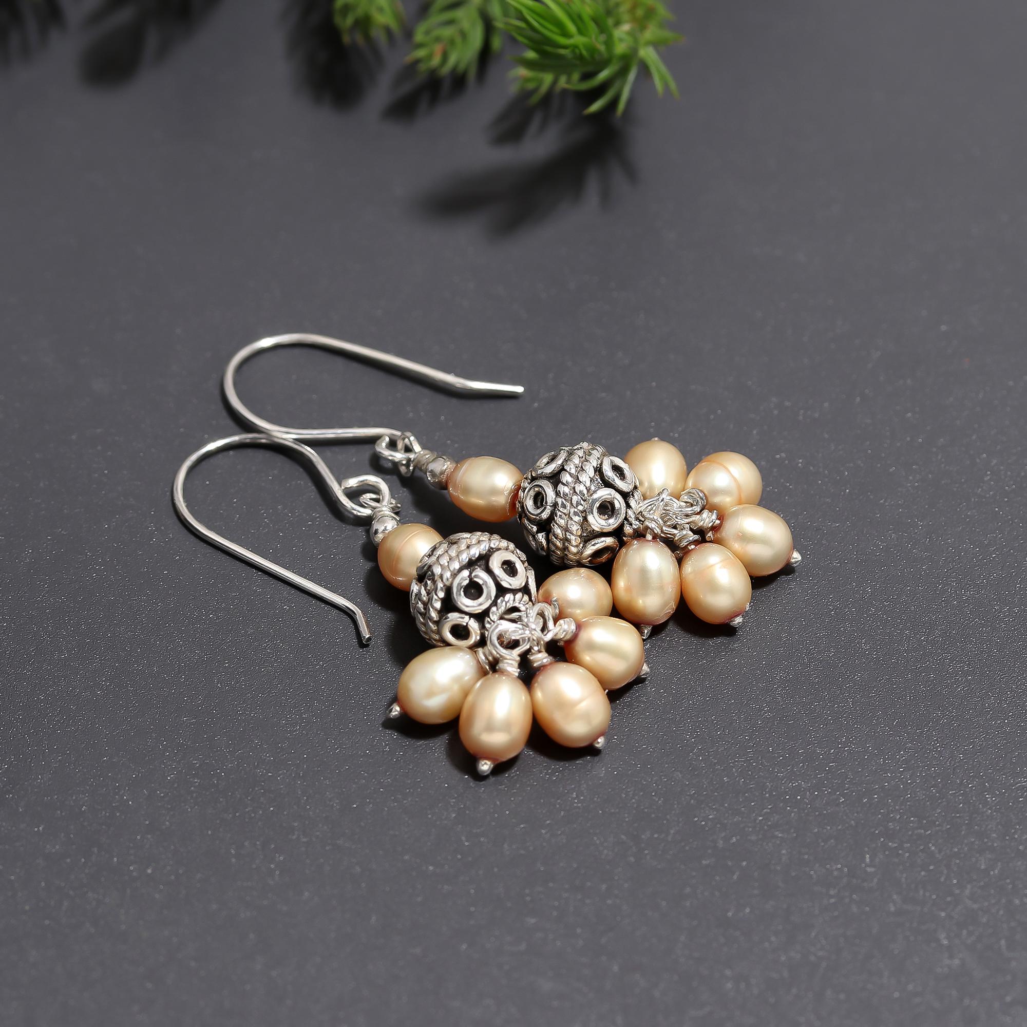 925 Silver Champagne Freshwater Pearls Cluster Dangle Earrings