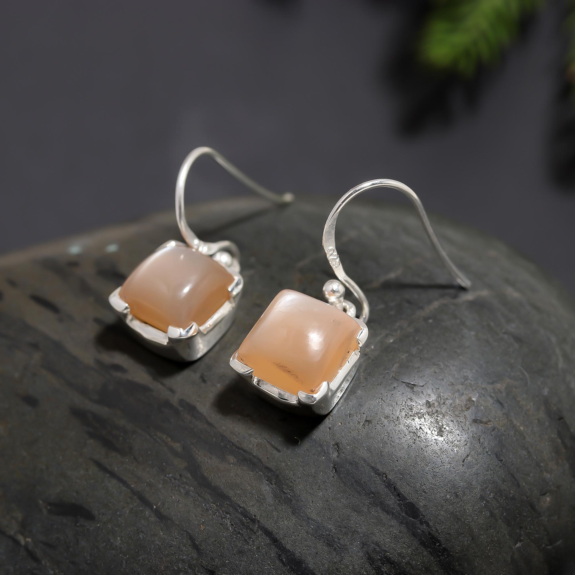 925 Silver Peach Moonstone Drop Earrings