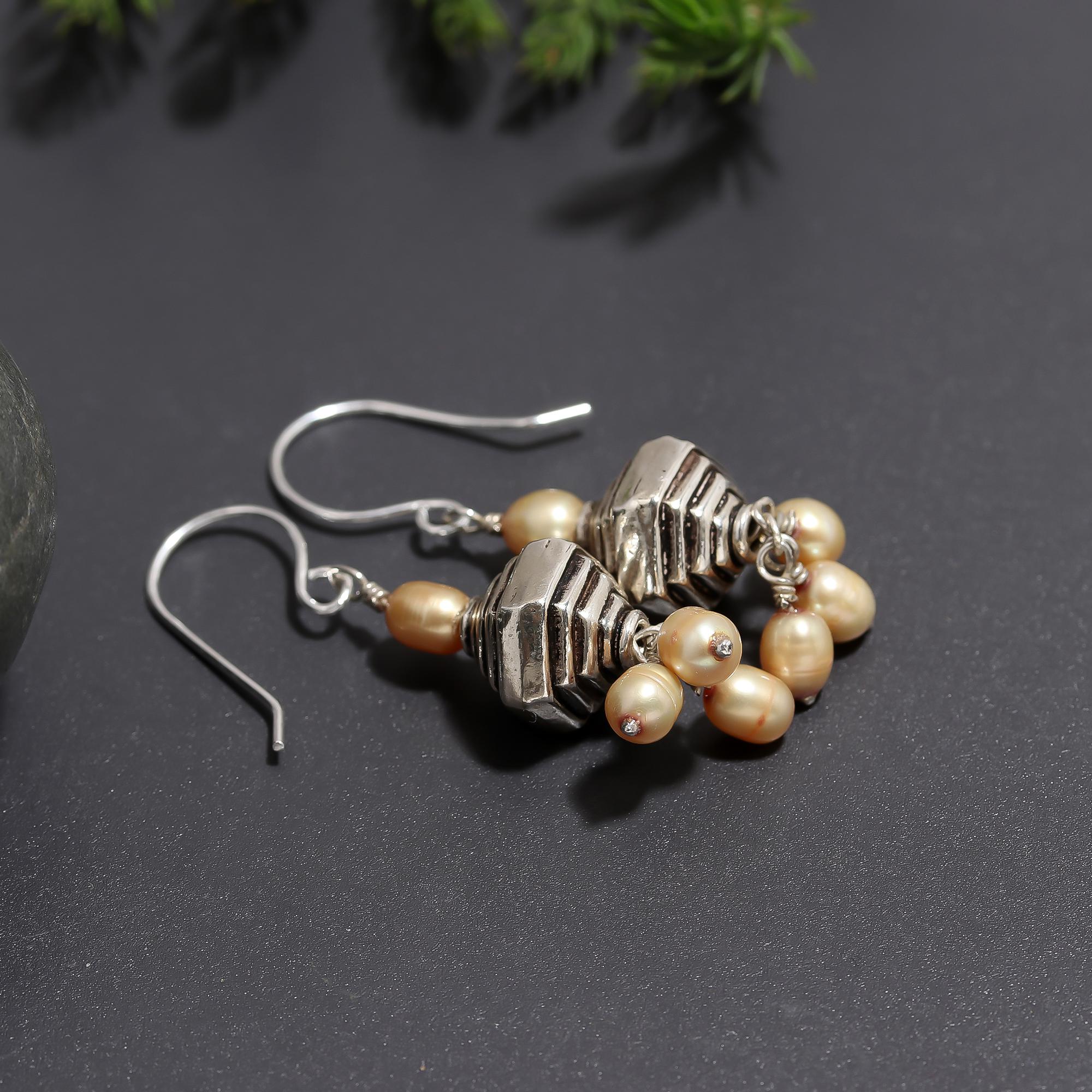 925 Silver Pearl Cluster Dangle Earrings