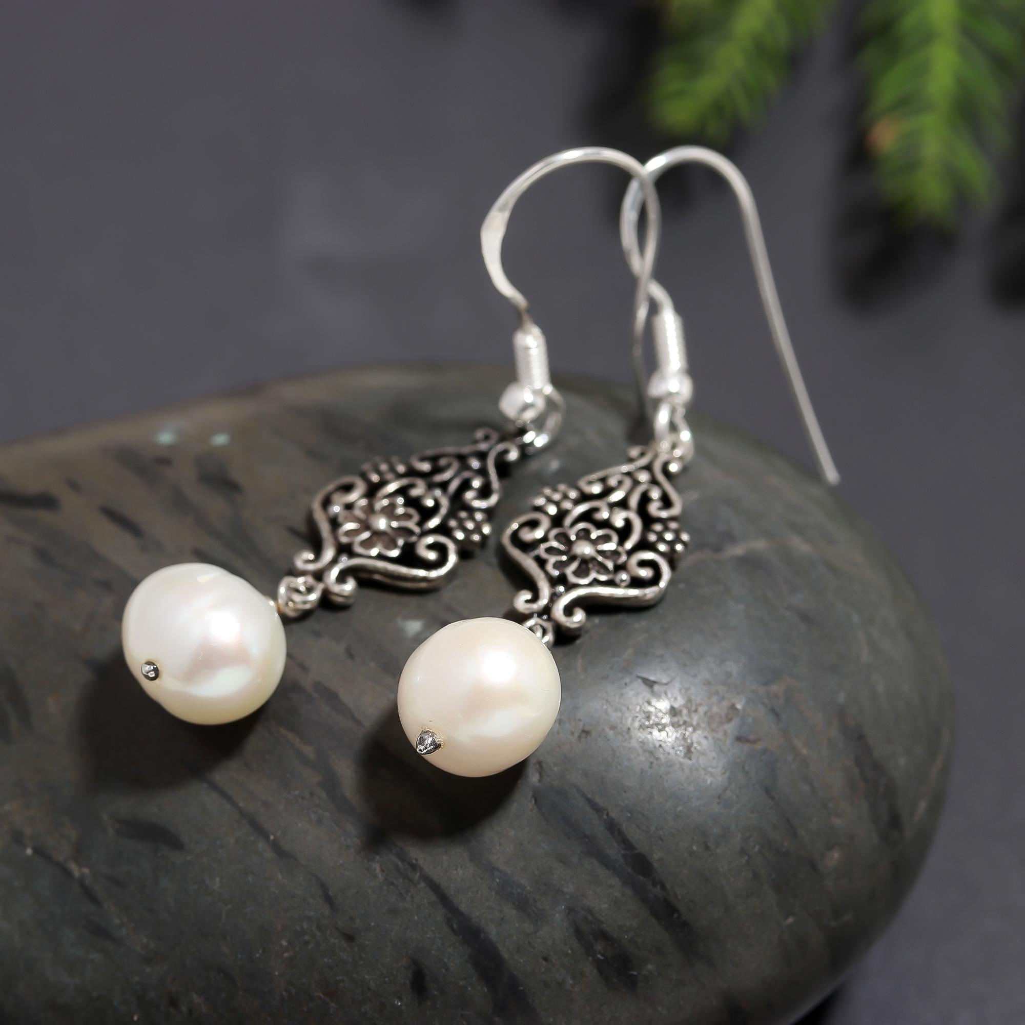 925 Silver Floral Pearl Drop Earrings