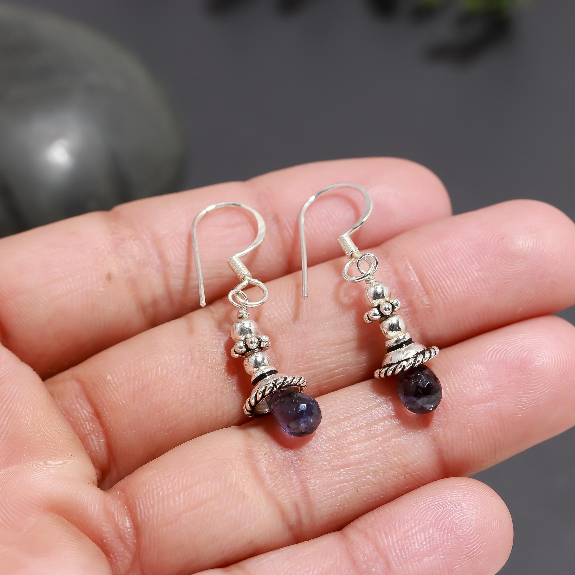 925 Silver Iolite Beaded Drop Earrings