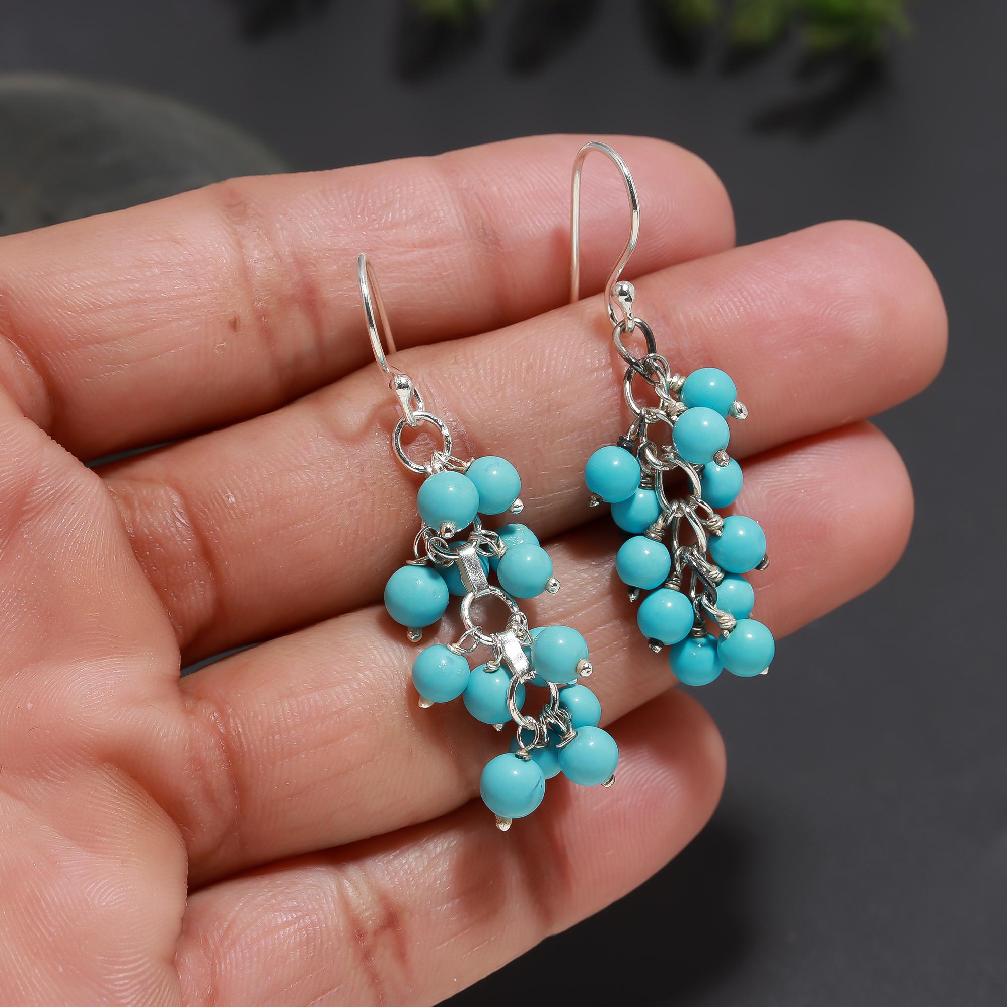 925 Silver Turquoise Cluster Beaded Dangle Earrings
