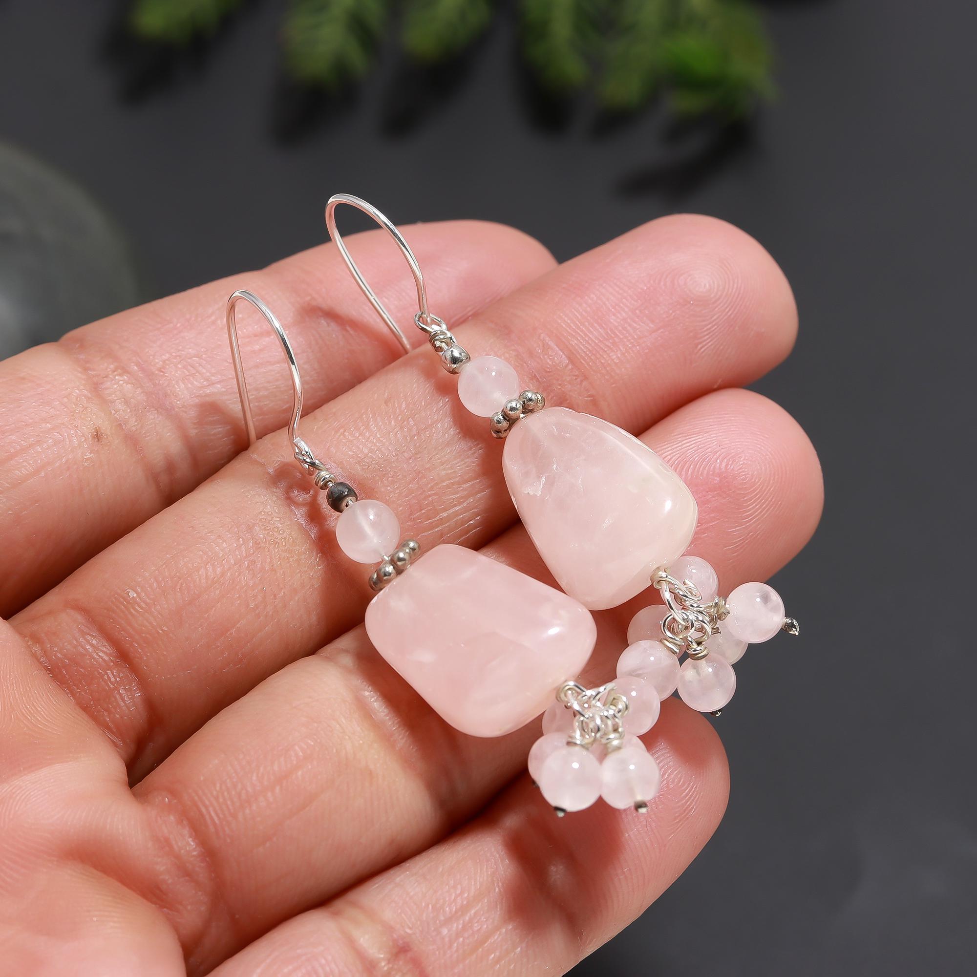 925 Silver Rose Quartz Dangle Earrings