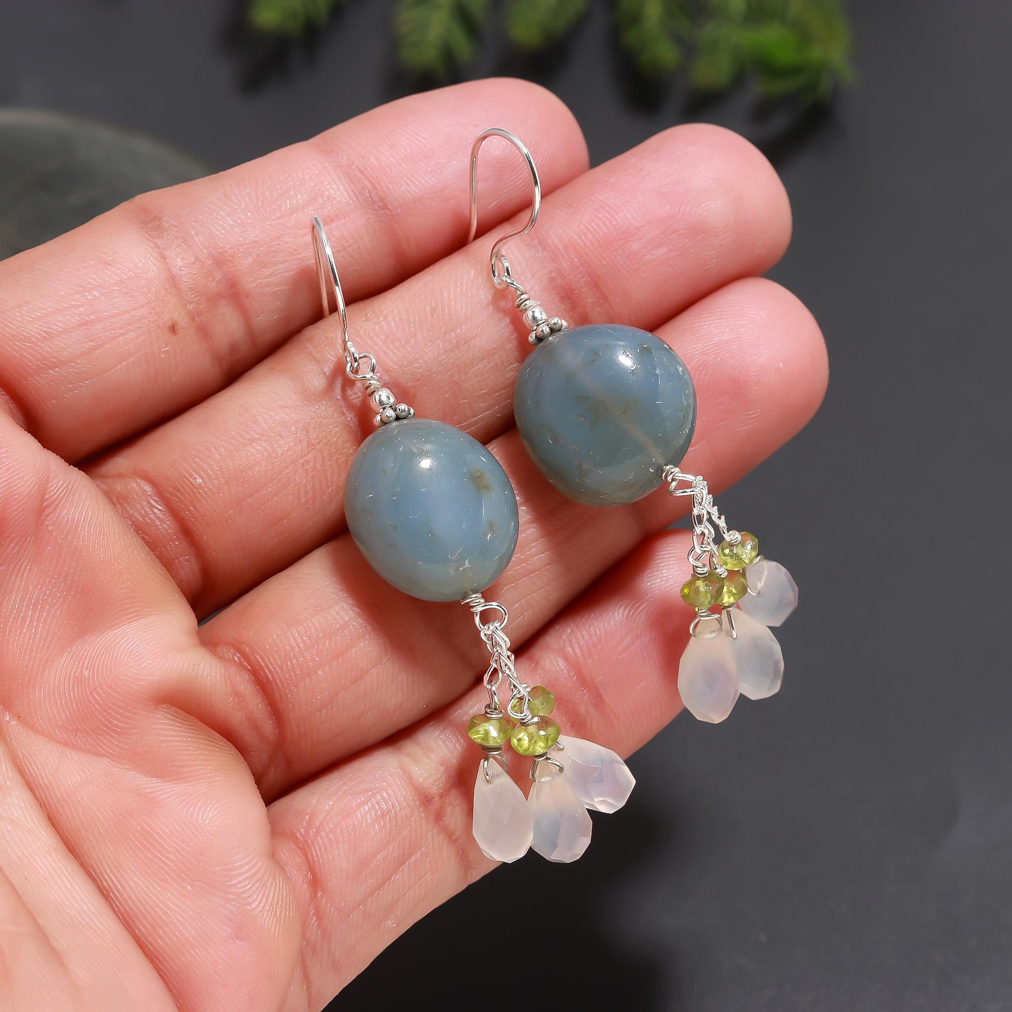 925 Silver Blue Moonstone, Peridot & Quartz Drop Earrings