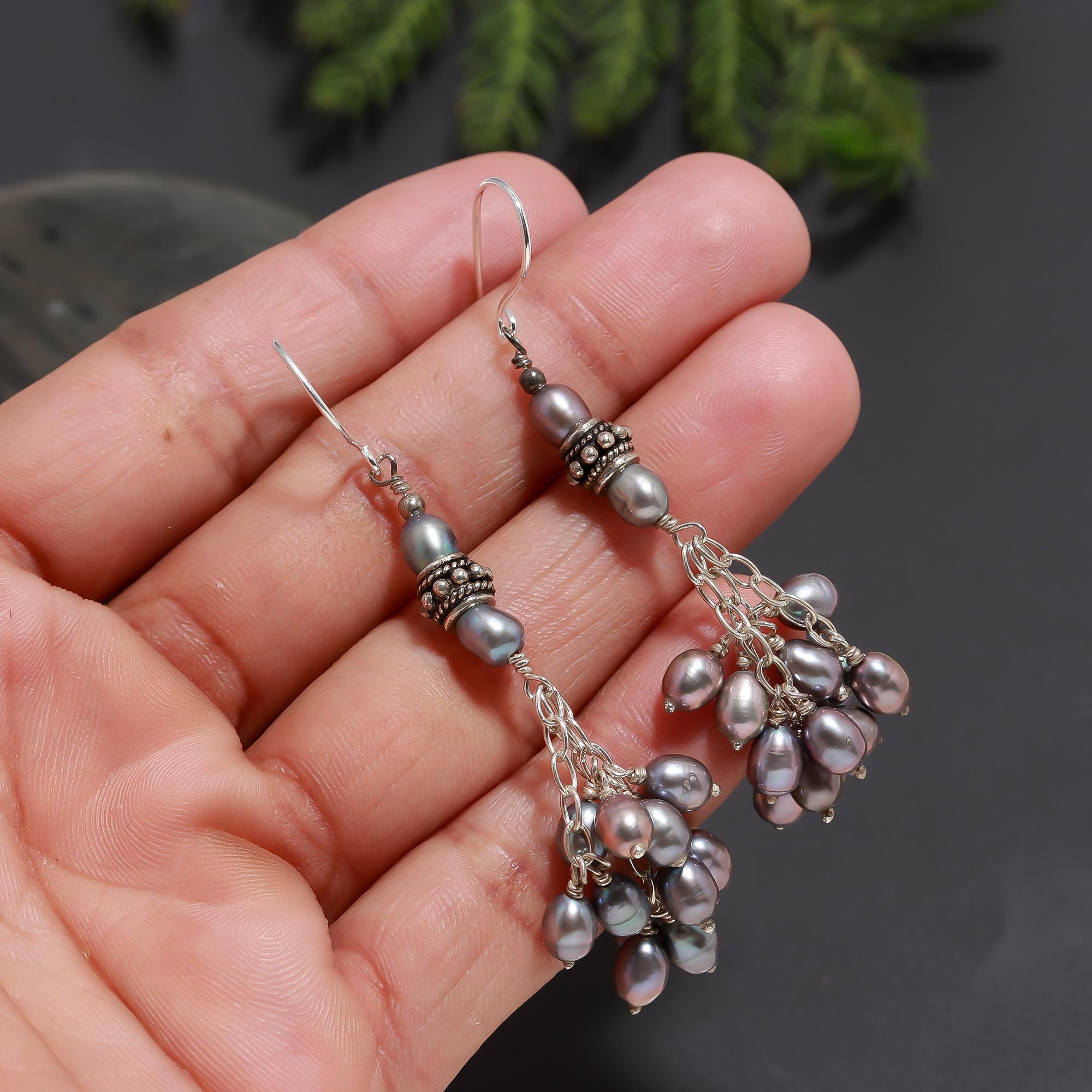 925 Silver Grey Pearl Tassel Dangle Earrings