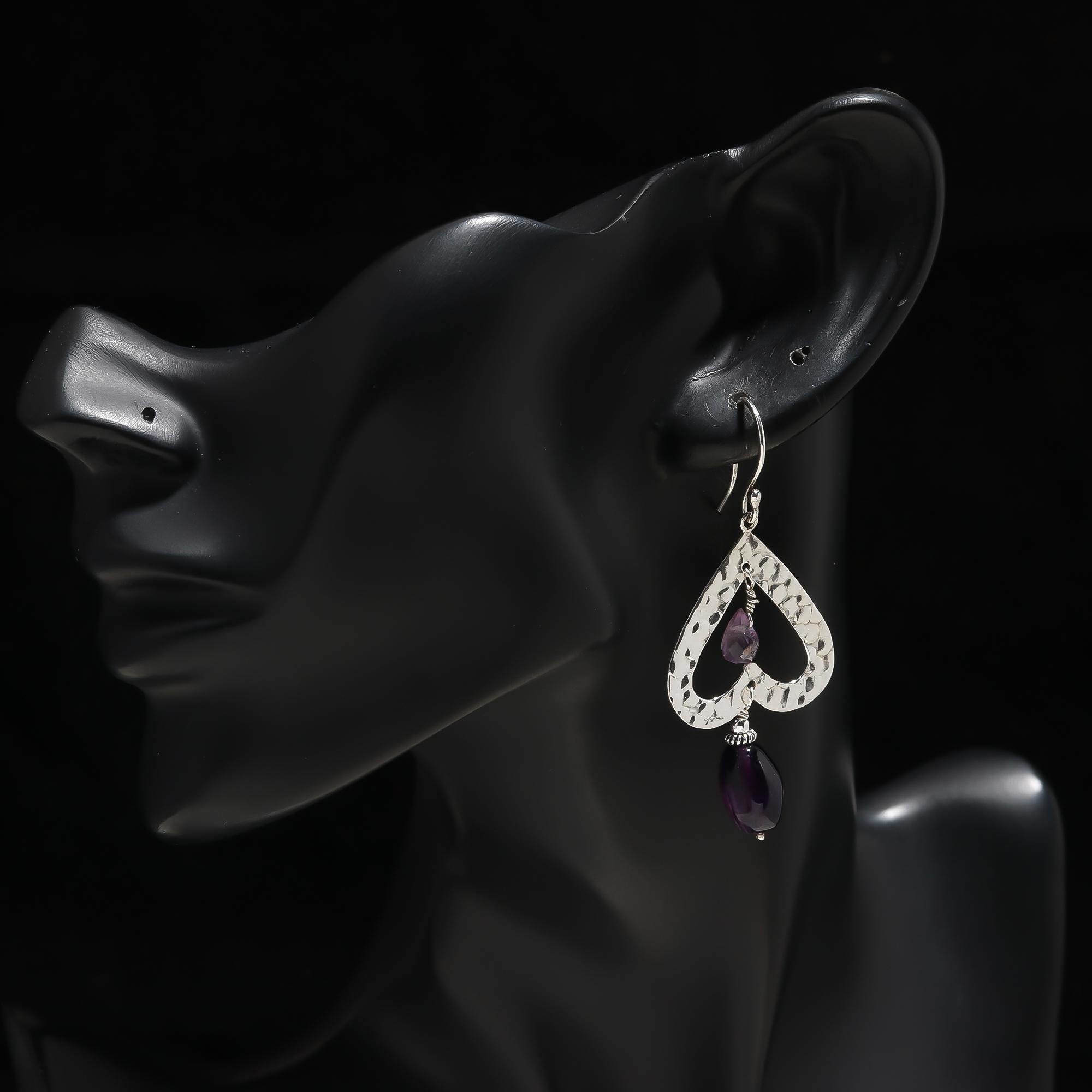 925 Silver Hammered Heart Dangle Earrings