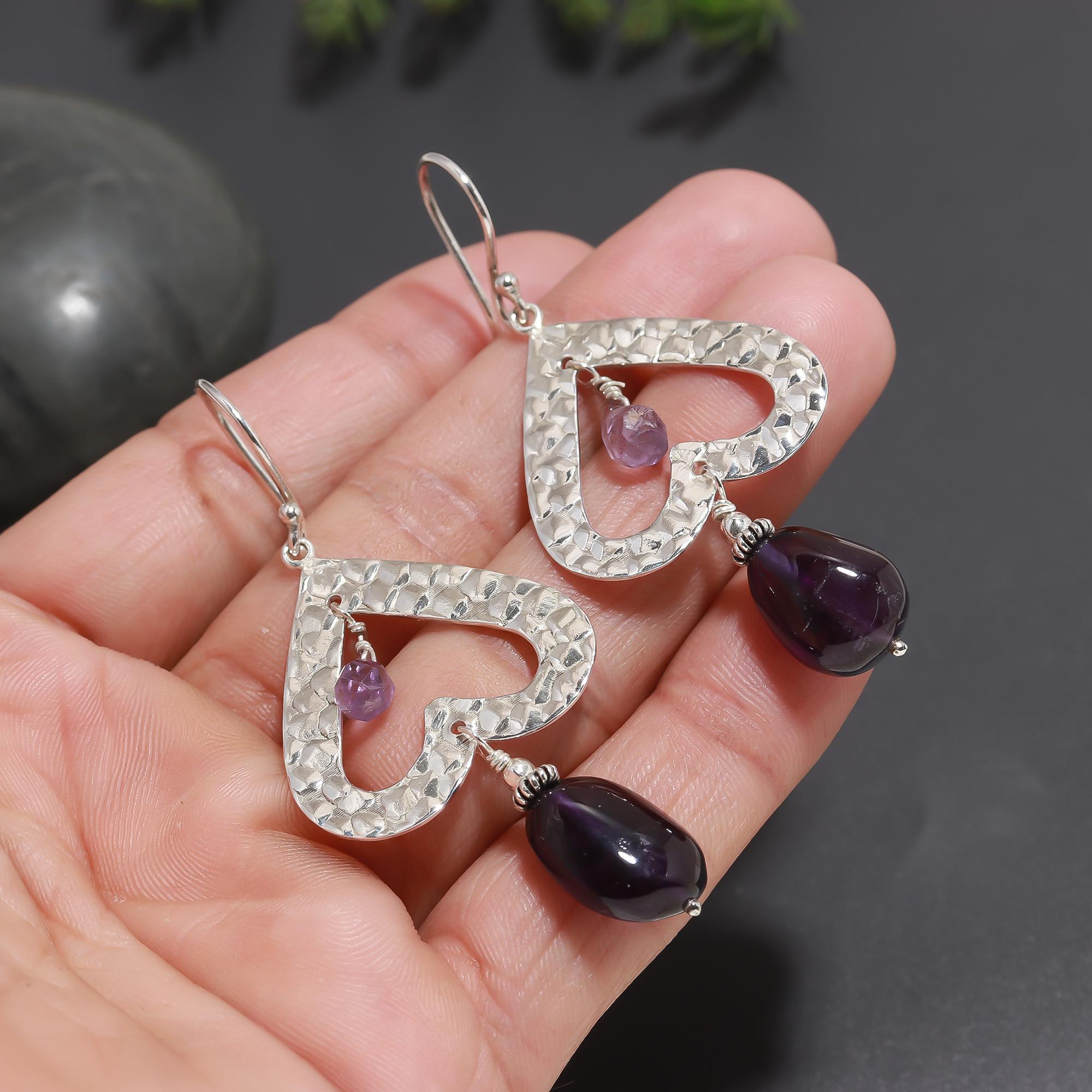 925 Silver Hammered Heart Dangle Earrings