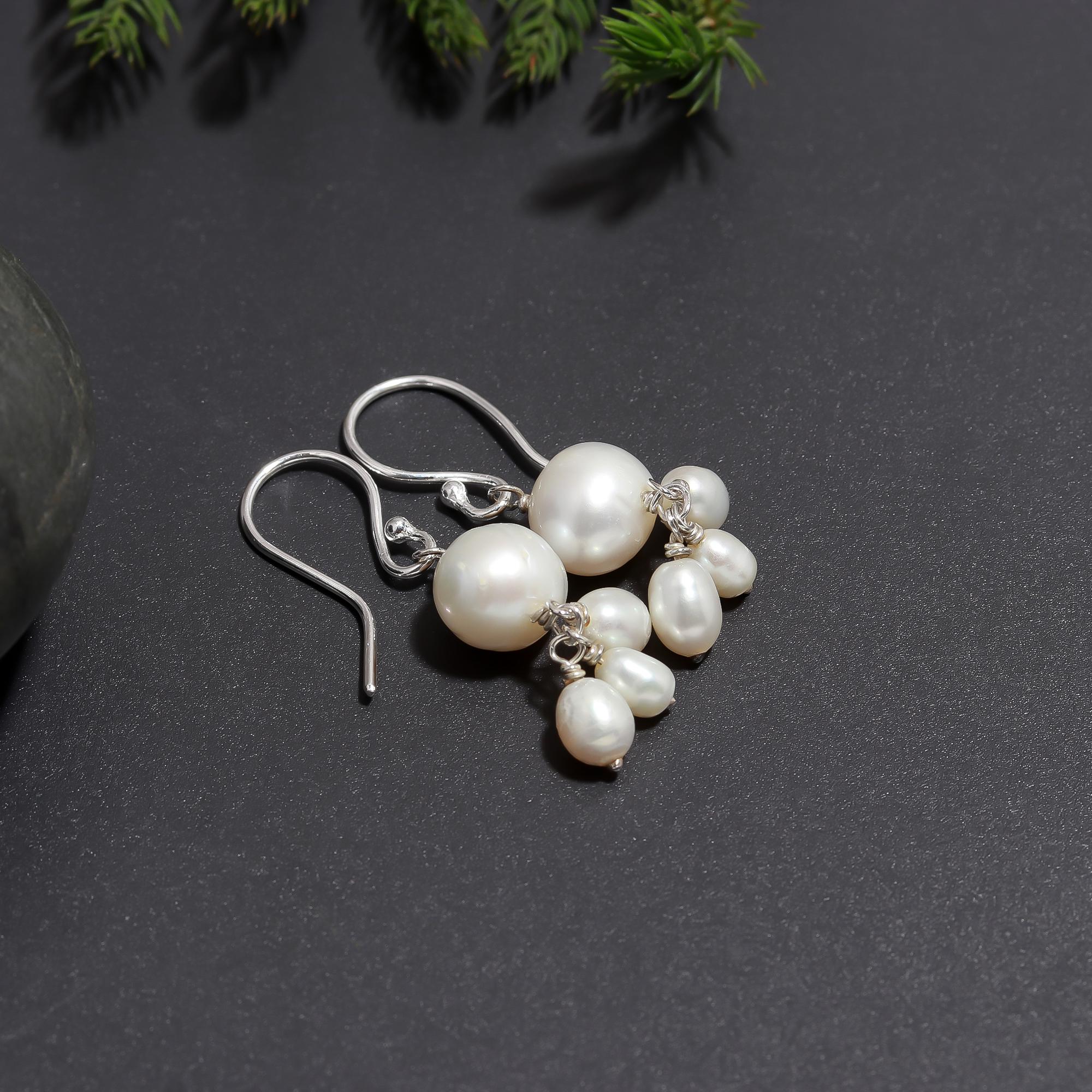 925 Silver White Pearl Cluster Dangle Earrings