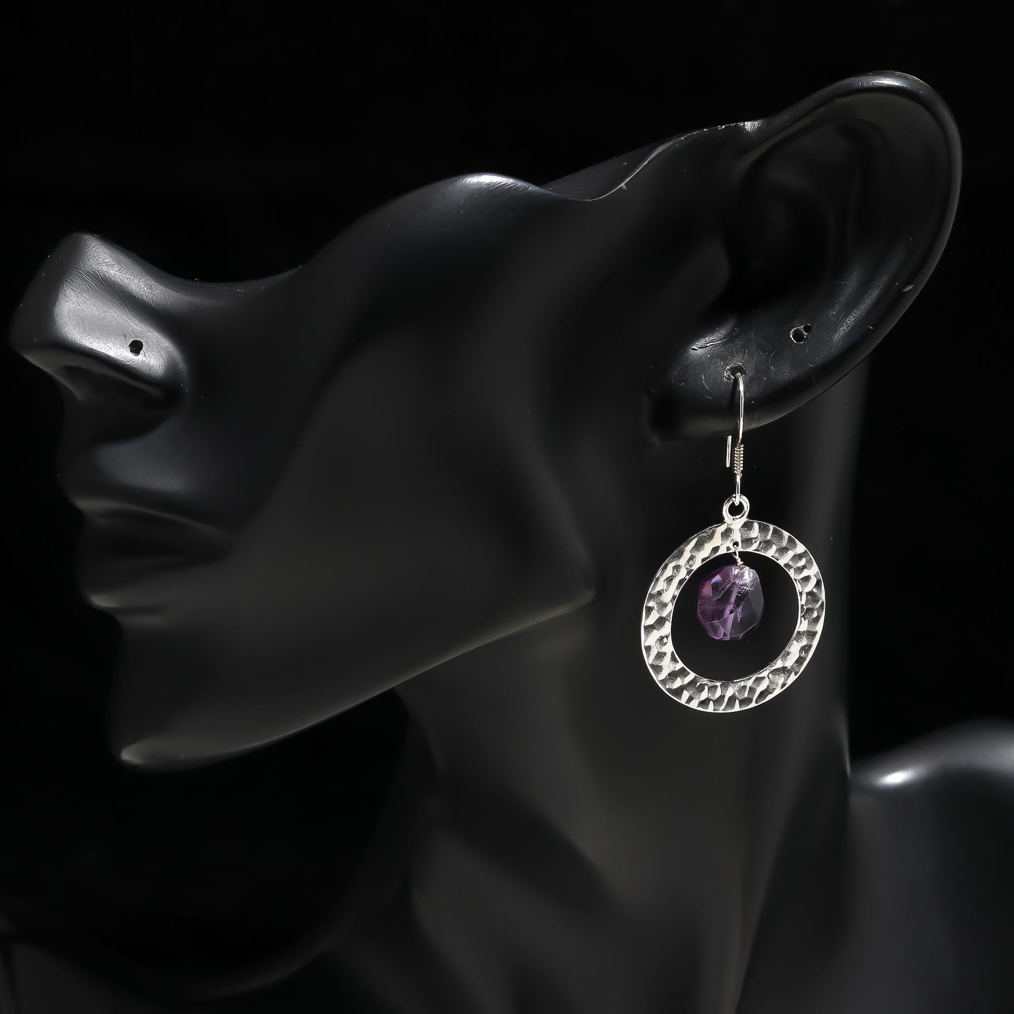 925 Silver Hammered Circle Amethyst Dangle Earrings