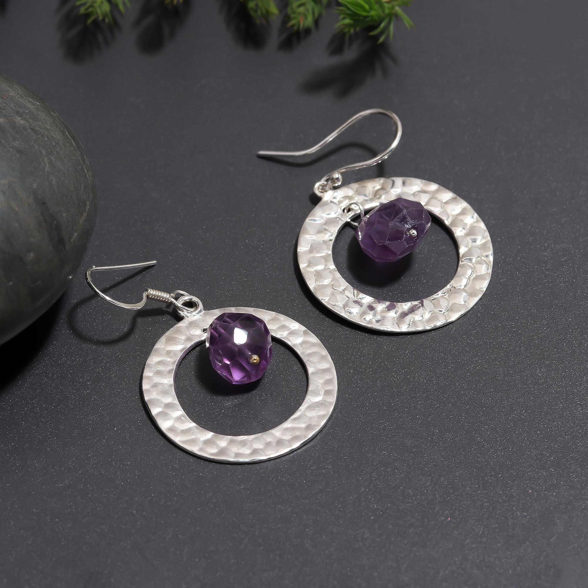 925 Silver Hammered Circle Amethyst Dangle Earrings