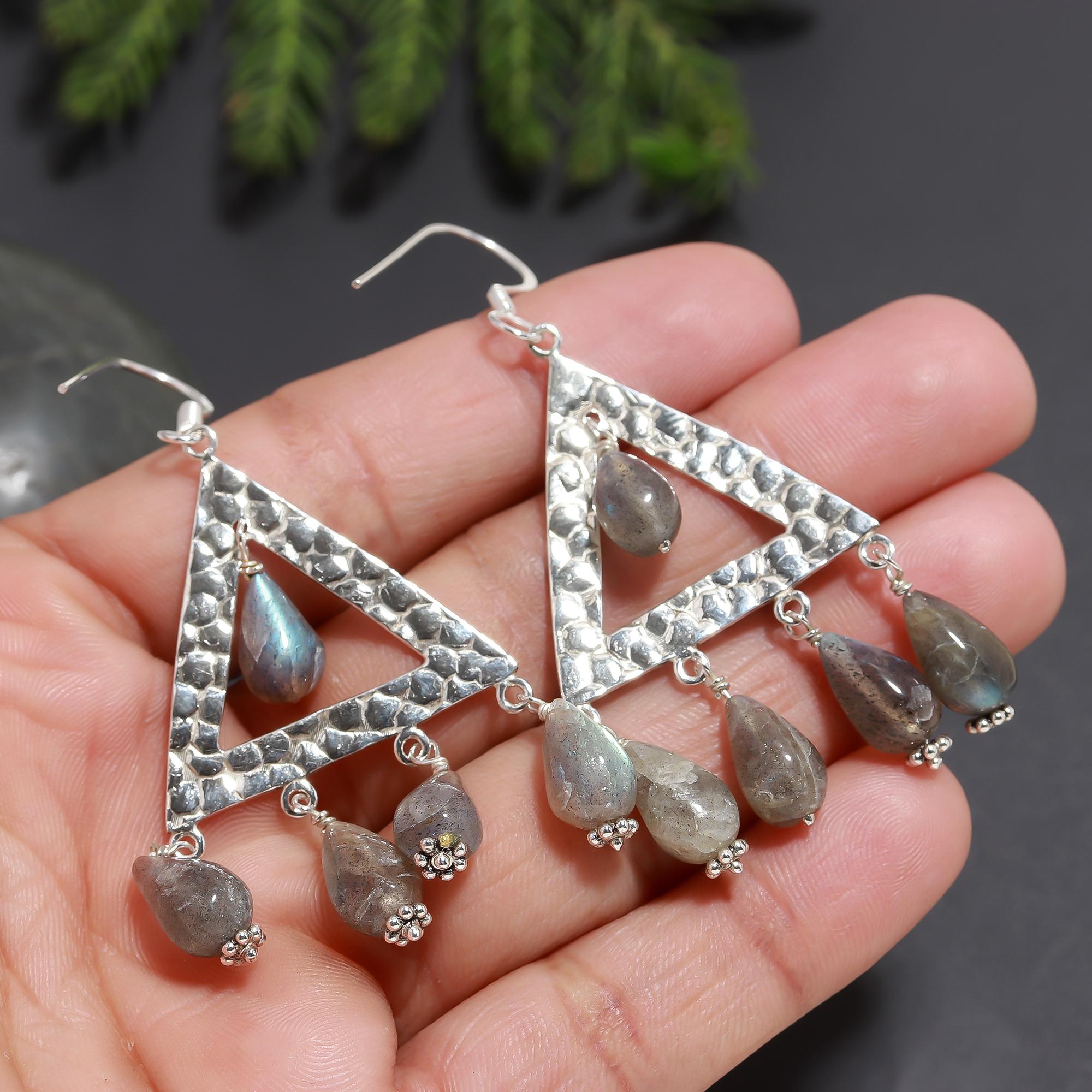925 Silver Hammered Triangle Labradorite Dangle Earrings