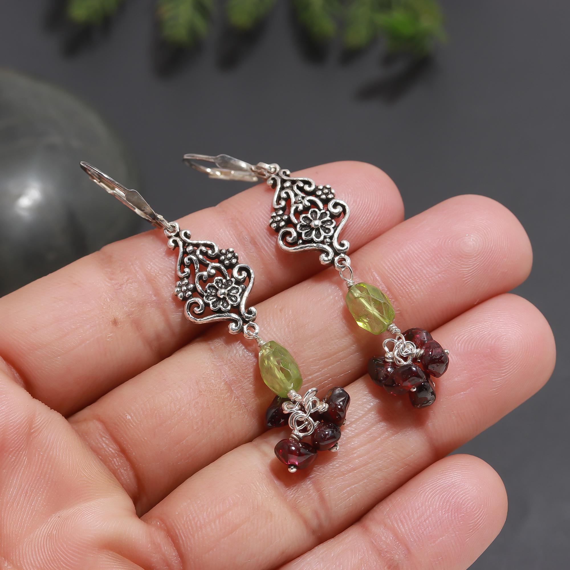 925 Silver Peridot and Garnet Dangle Earrings