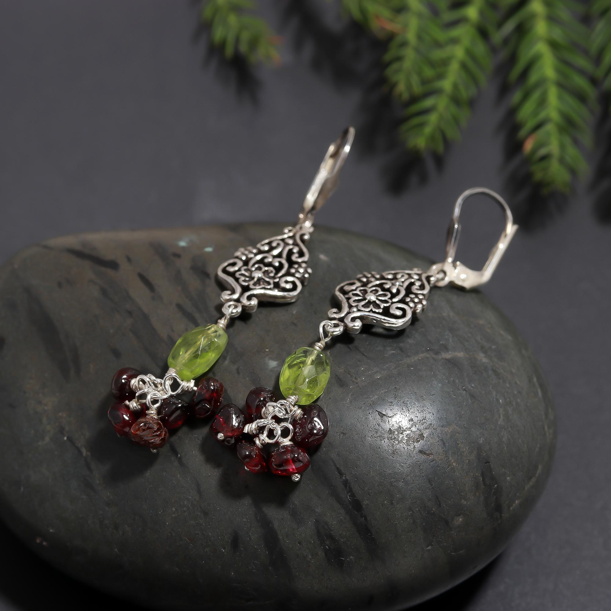 925 Silver Peridot and Garnet Dangle Earrings