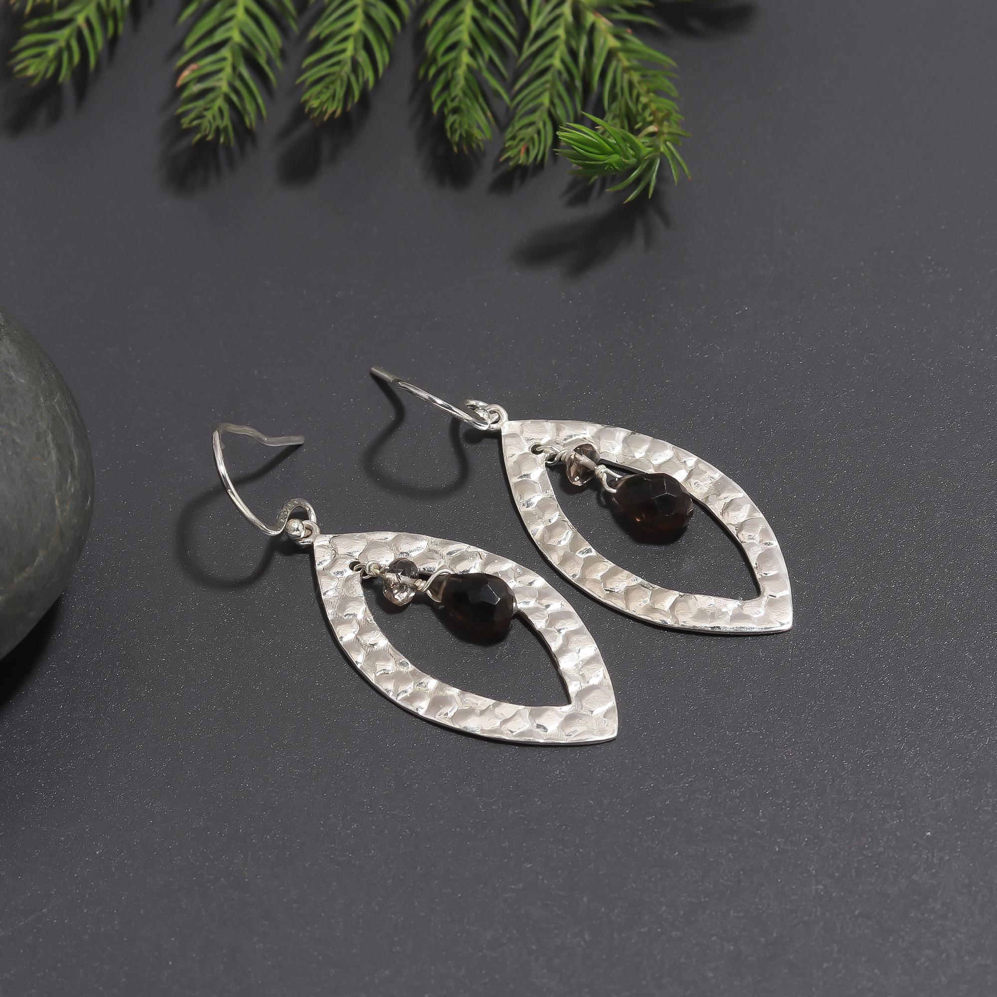 925 Silver Hammered Garnet Dangle Earrings