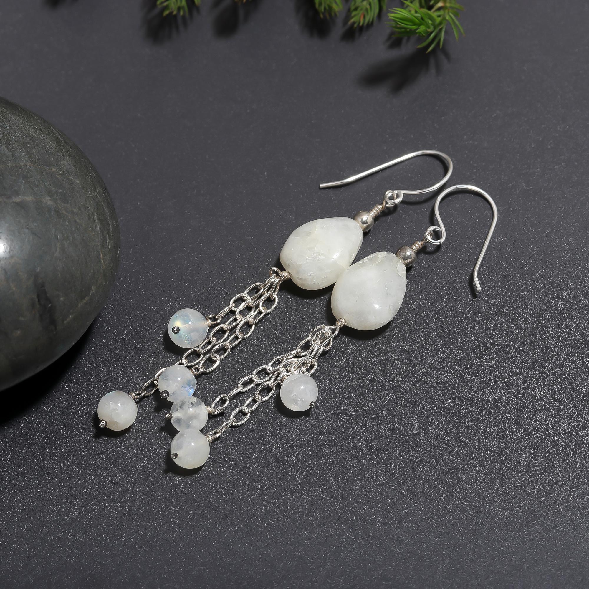 925 Silver Moonstone Beads Tassel Dangle Earrings