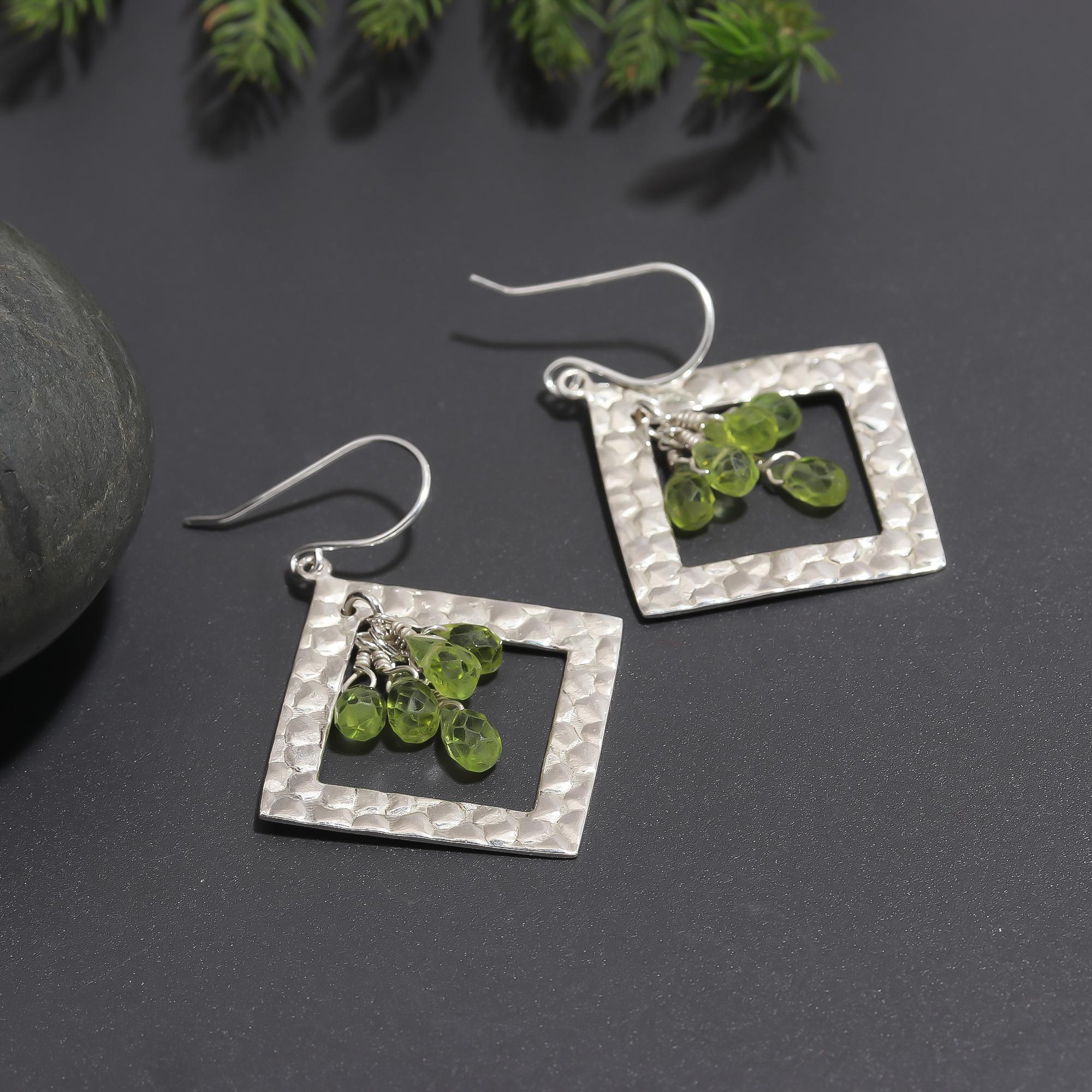 925 Silver Hammered Square Peridot Dangle Earrings