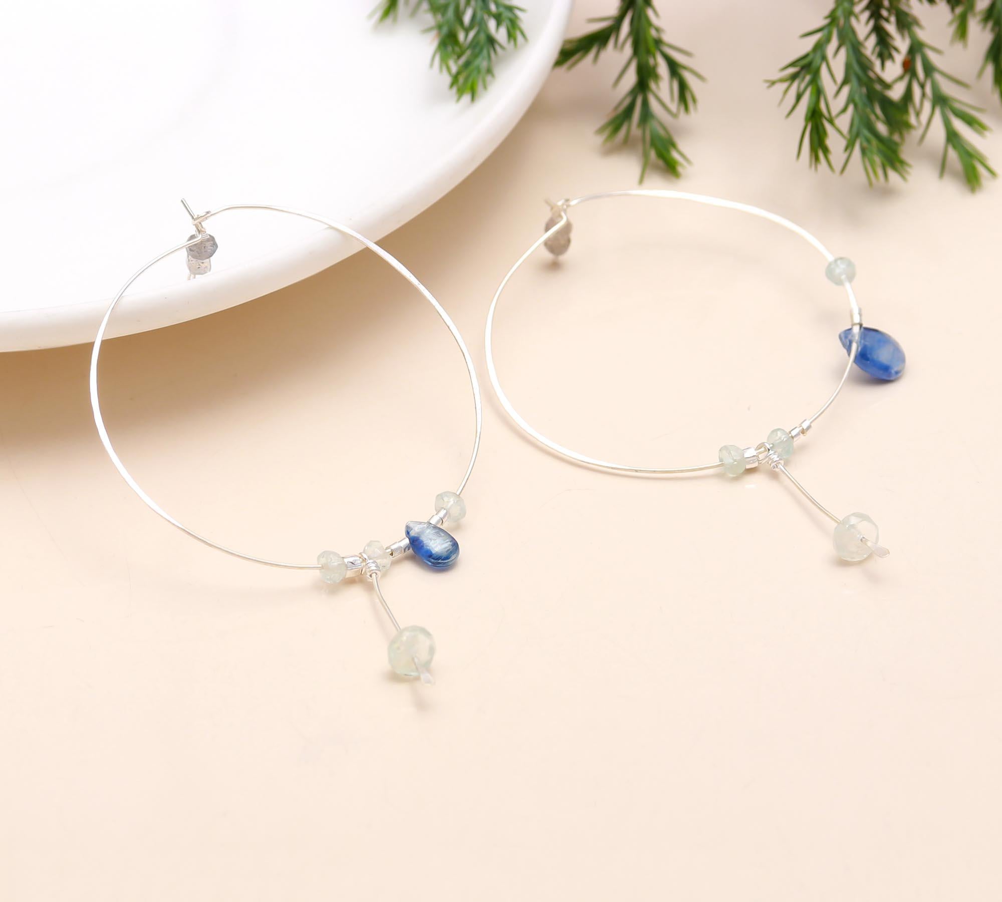 The Azure Drift: Kyanite & Aquamarine Silver Hoops