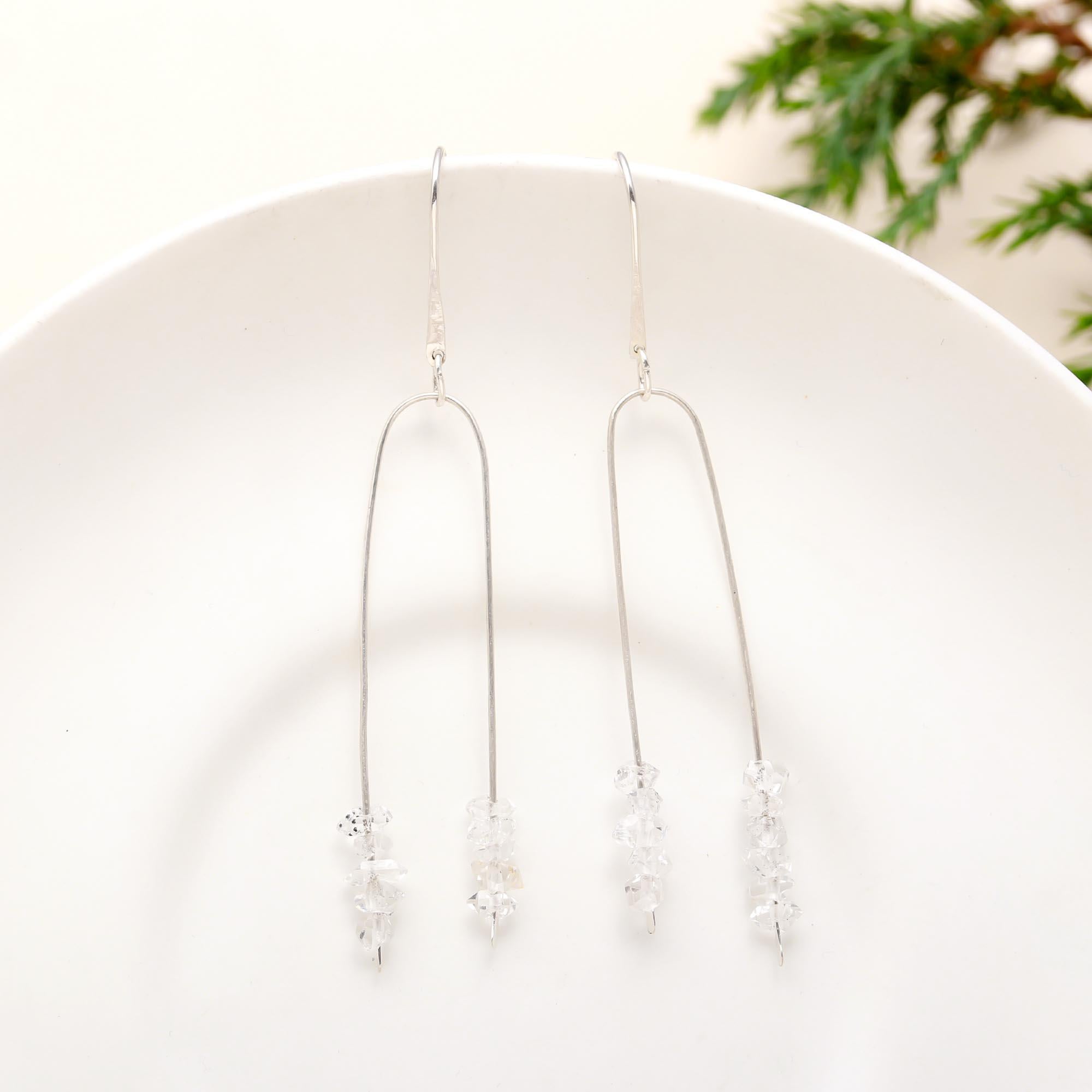 The Icy Arch: Raw Herkimer Diamond & Silver Linear Earrings