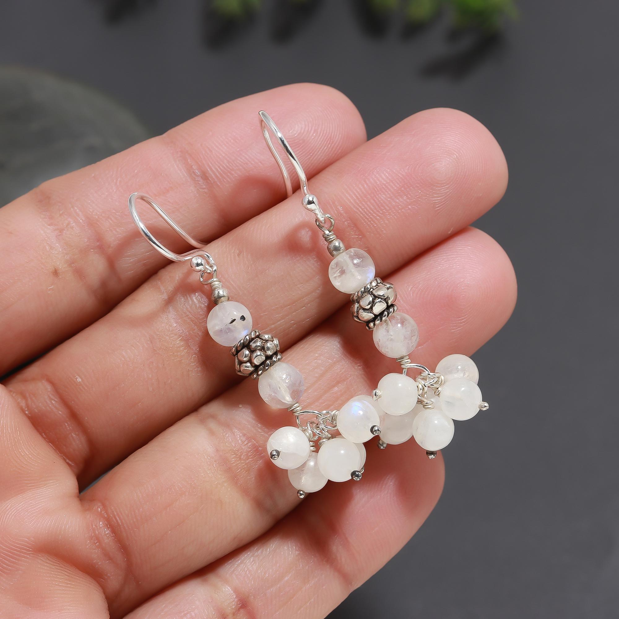 925 Silver Moonstone Cluster Dangle Earrings