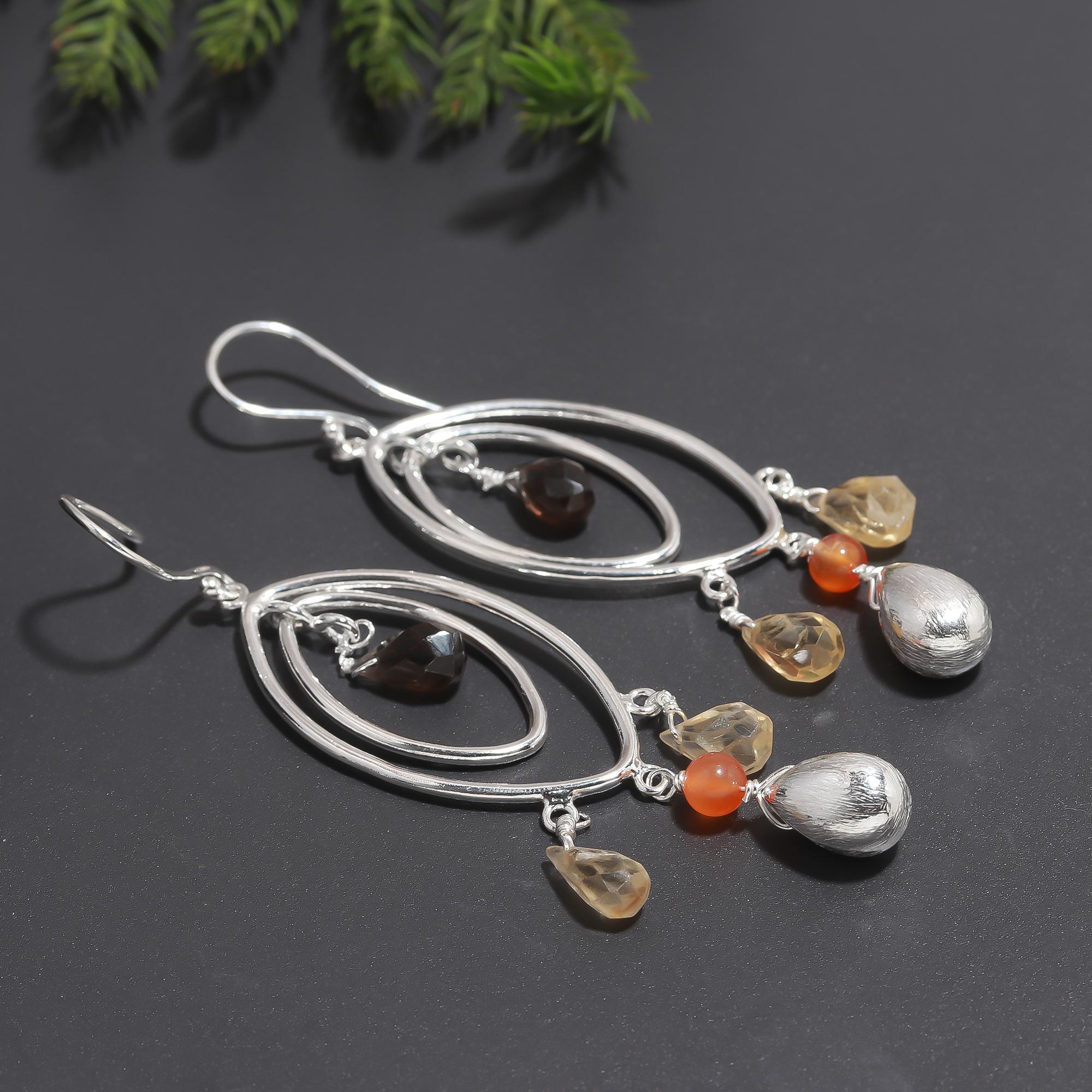 925 Silver Multi Gemstone Dangle Earrings