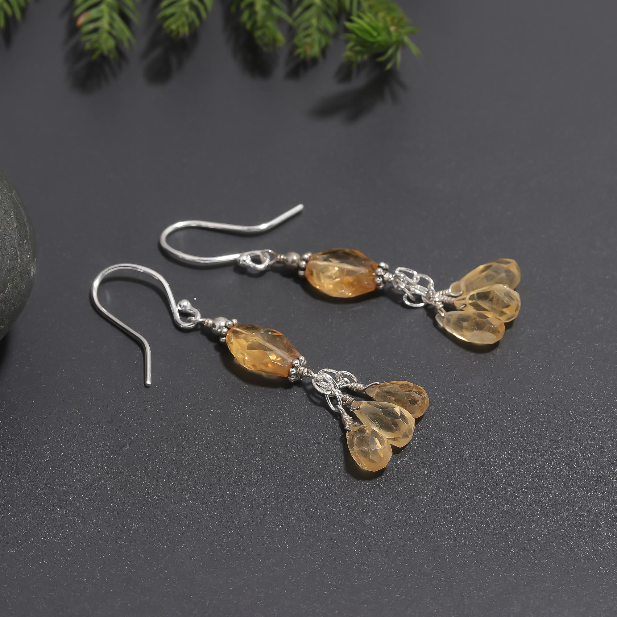 925 Silver Citrine Cluster Dangle Earrings