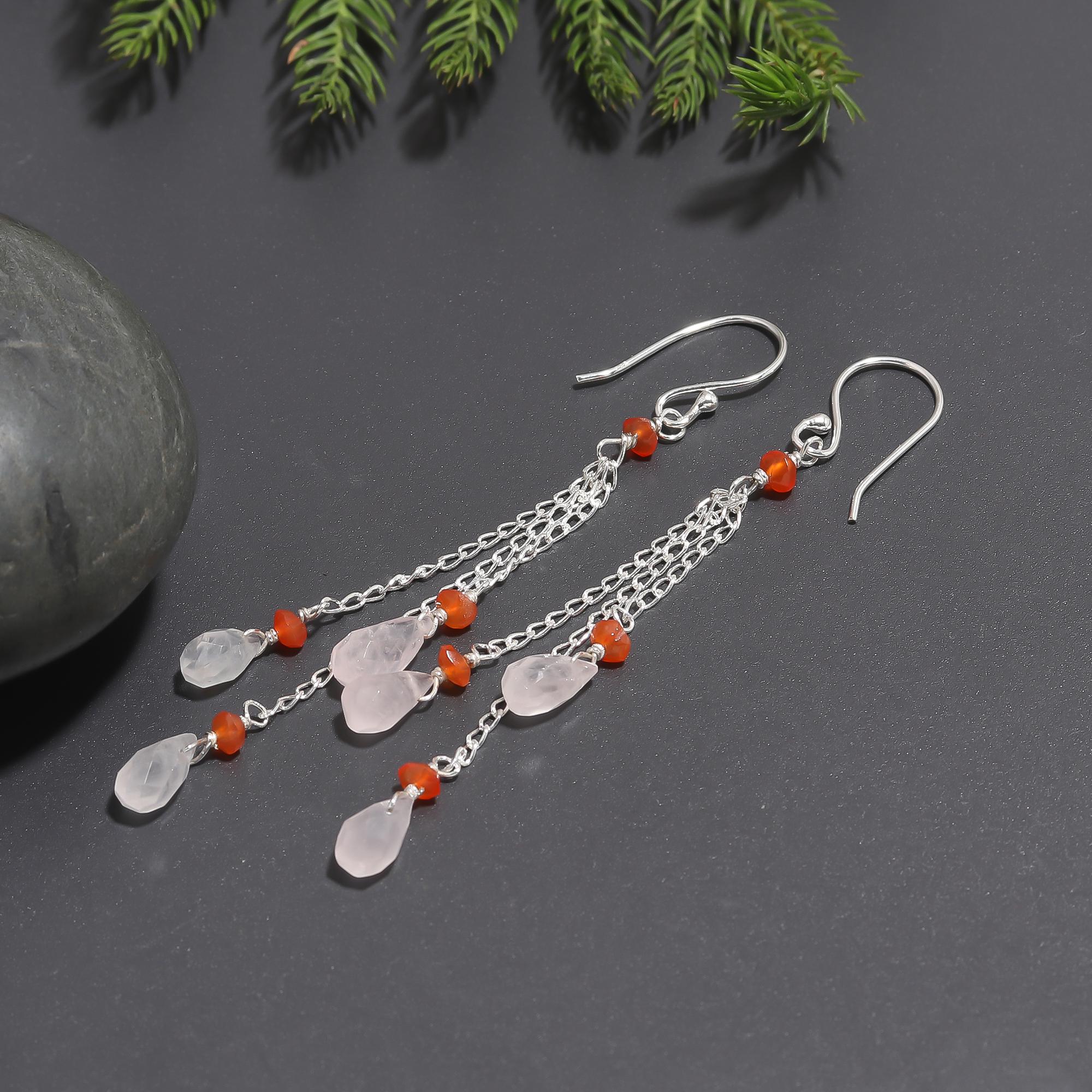 925 Silver Rose Quartz and Carnelian Long Dangle Earrings
