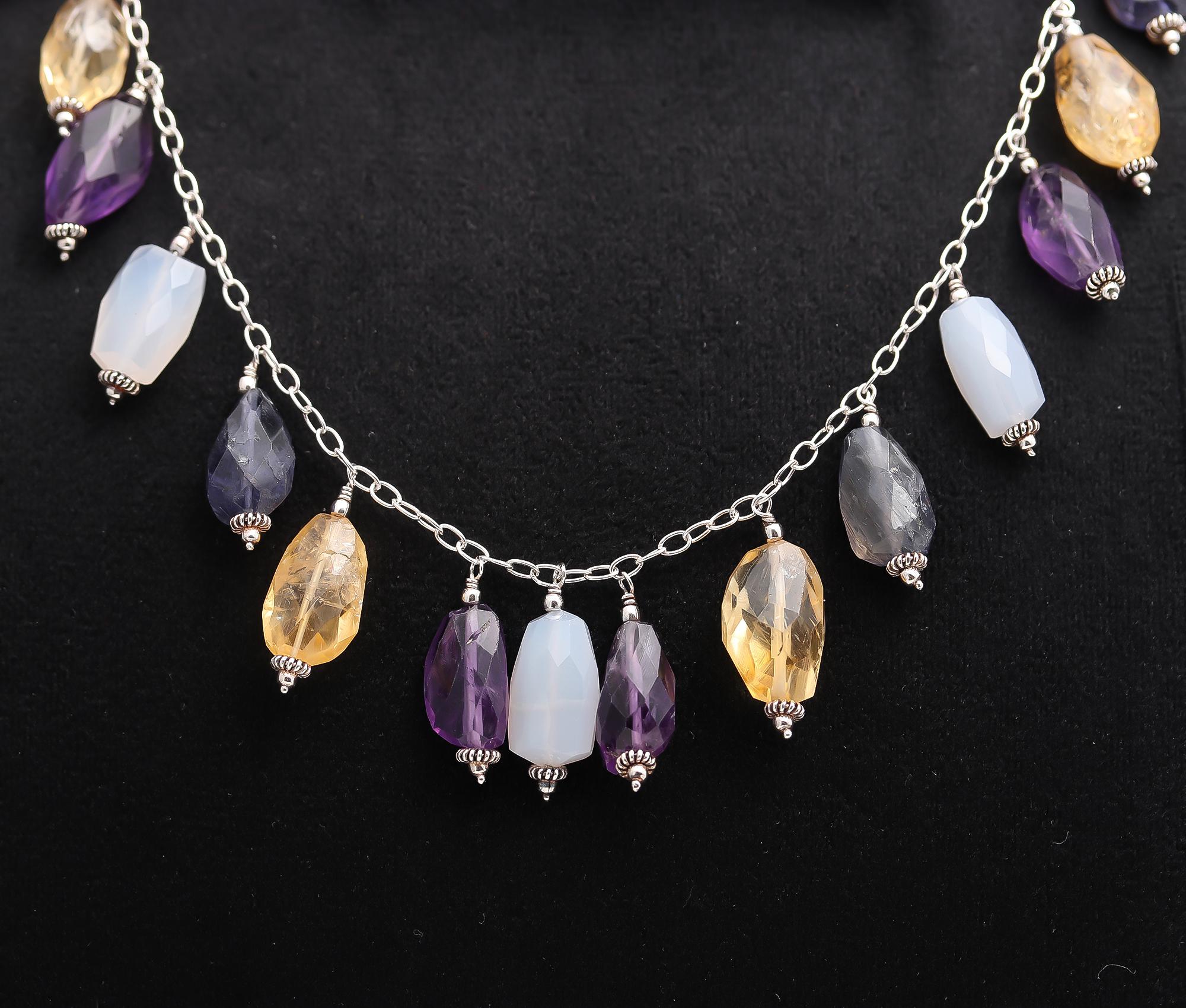 925 Silver Multicolor Gemstone Drop Necklace