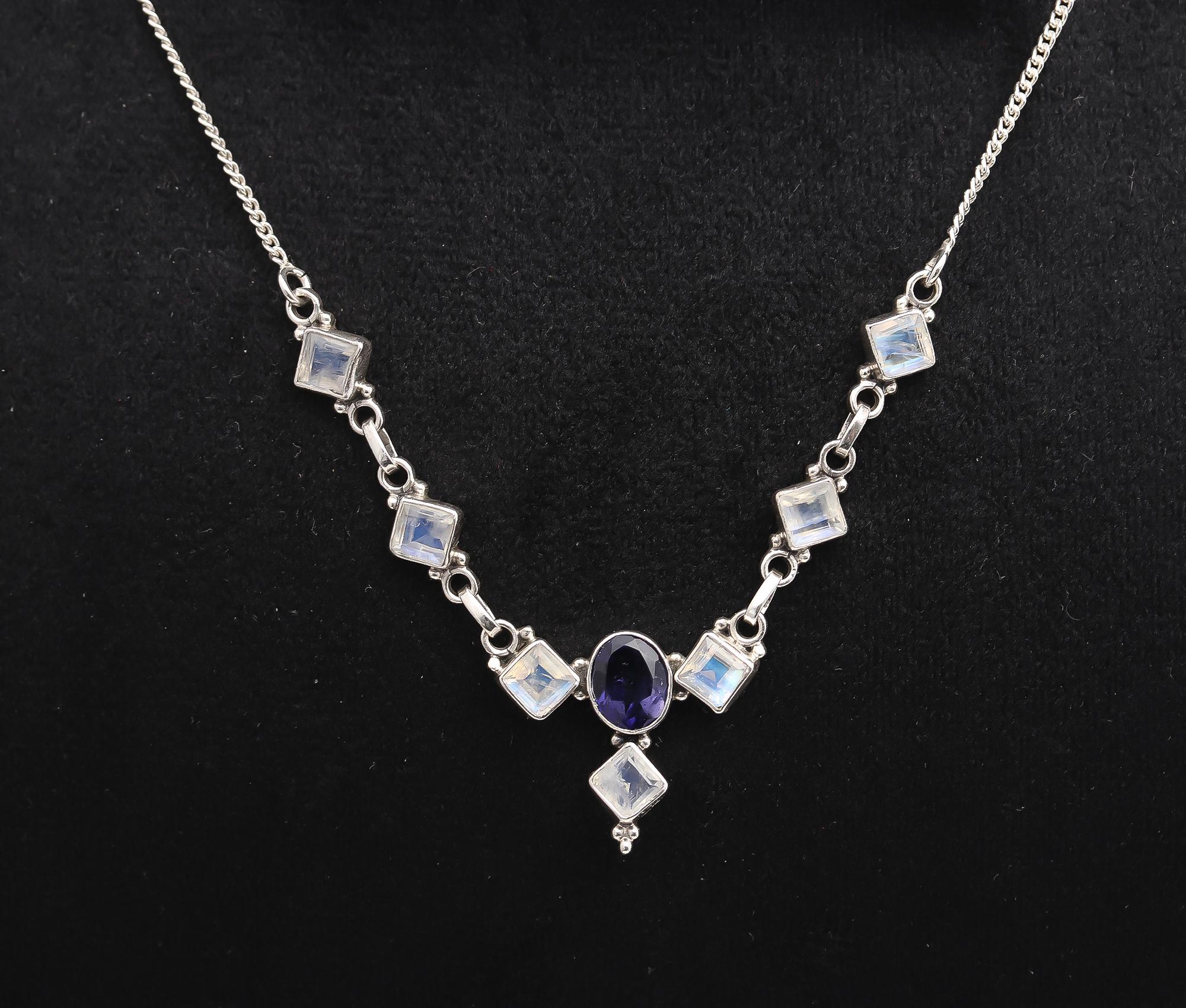925 Silver Iolite and Rainbow Moonstone Necklace