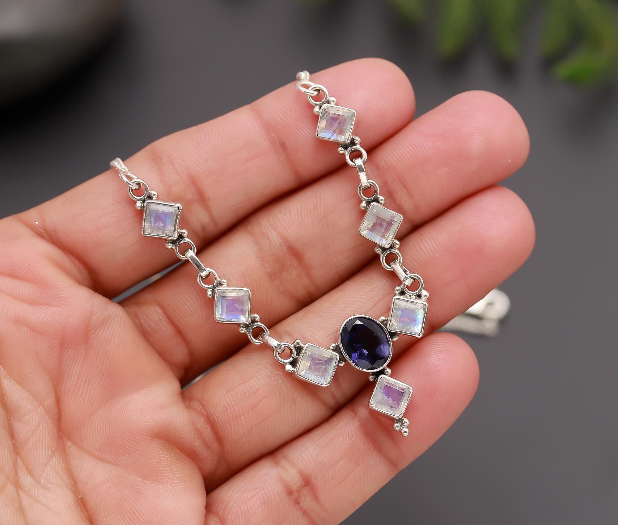 925 Silver Iolite and Rainbow Moonstone Necklace