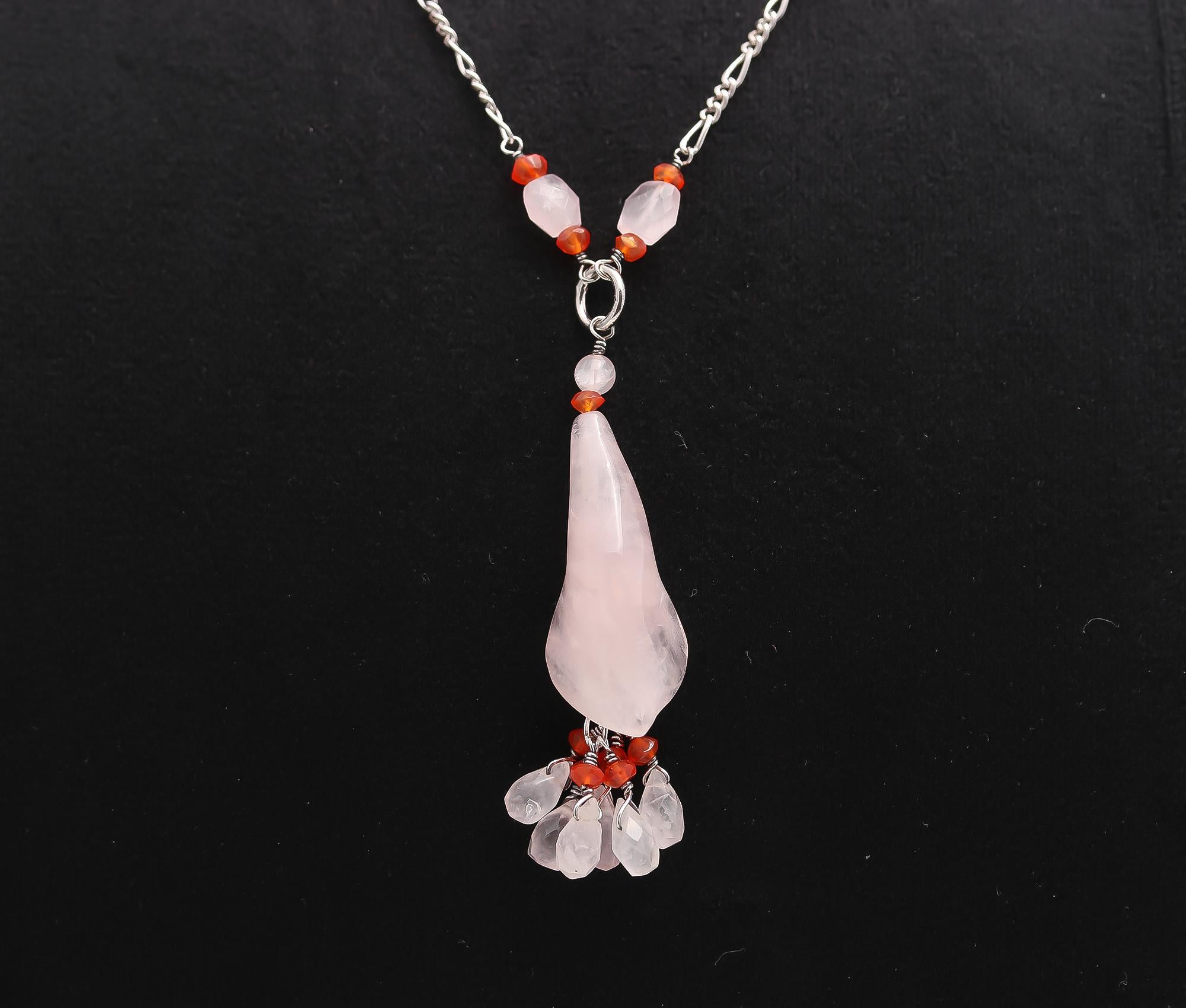 925 Silver Rose Quartz and Carnelian Pendant Necklace