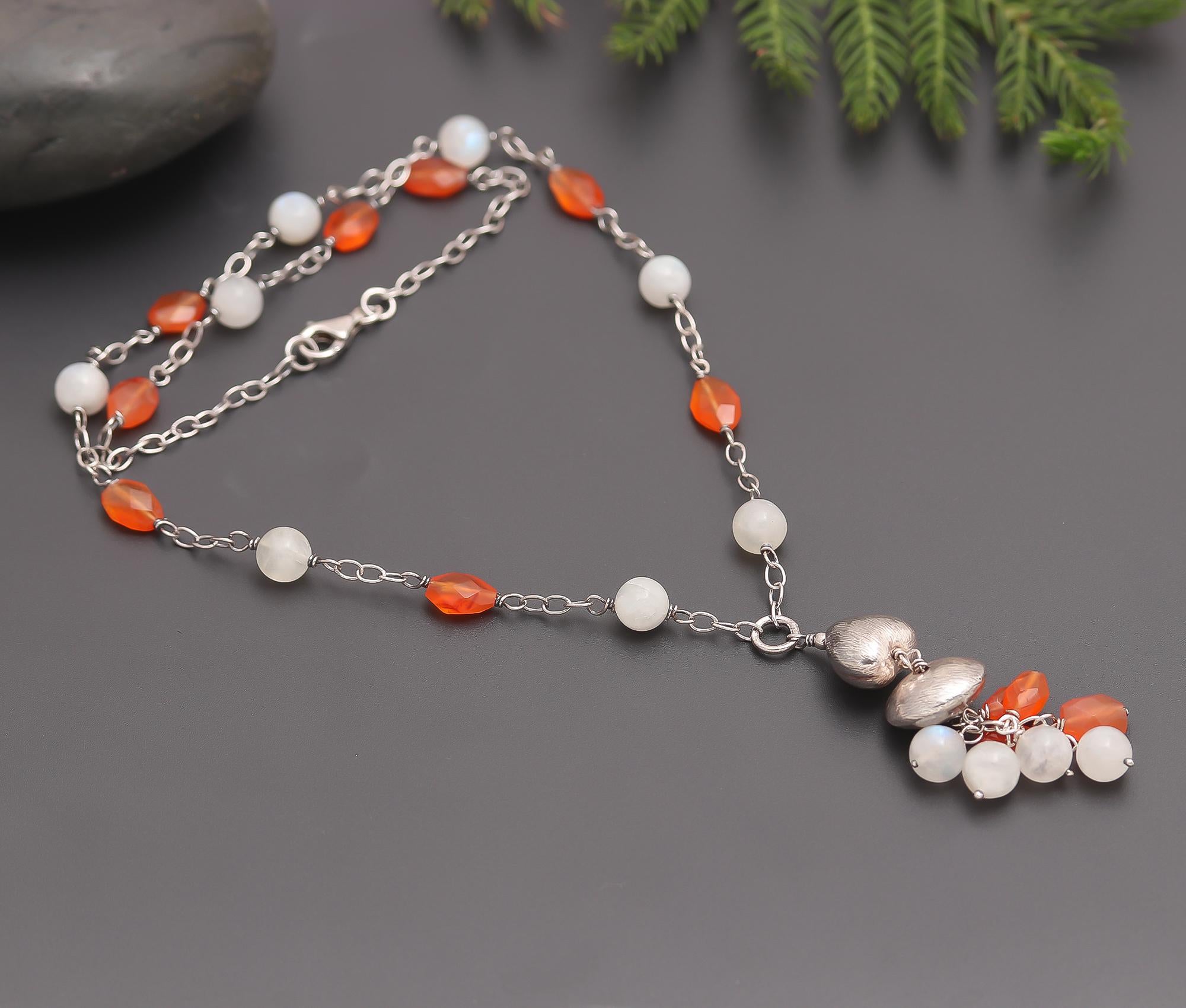 925 Silver Moonstone and Carnelian Beads Pendant Necklace