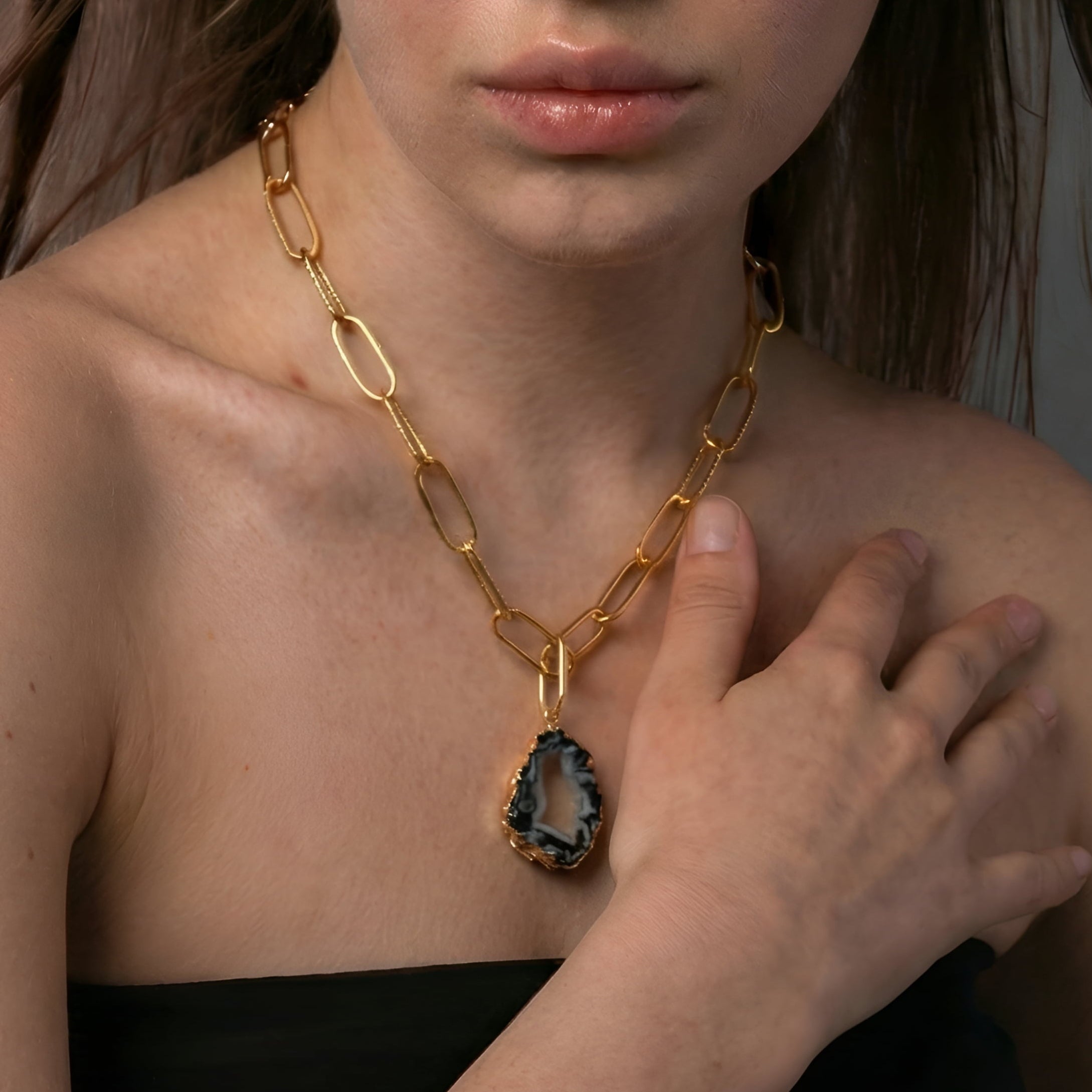 The Midnight Geode: Black Agate Paperclip Chain Necklace