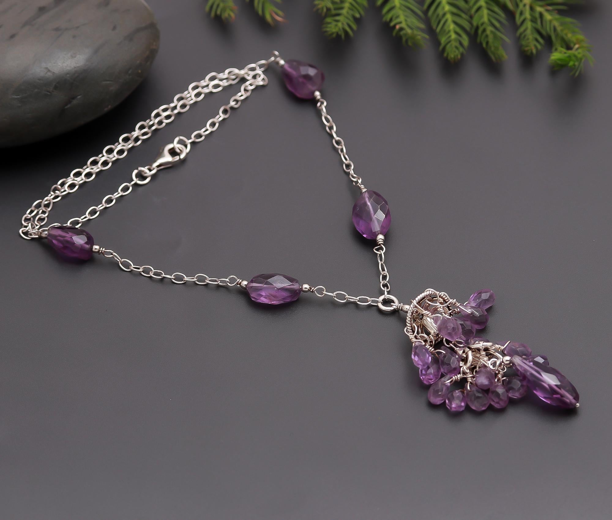 925 Silver Amethyst Beads Pendant Necklace