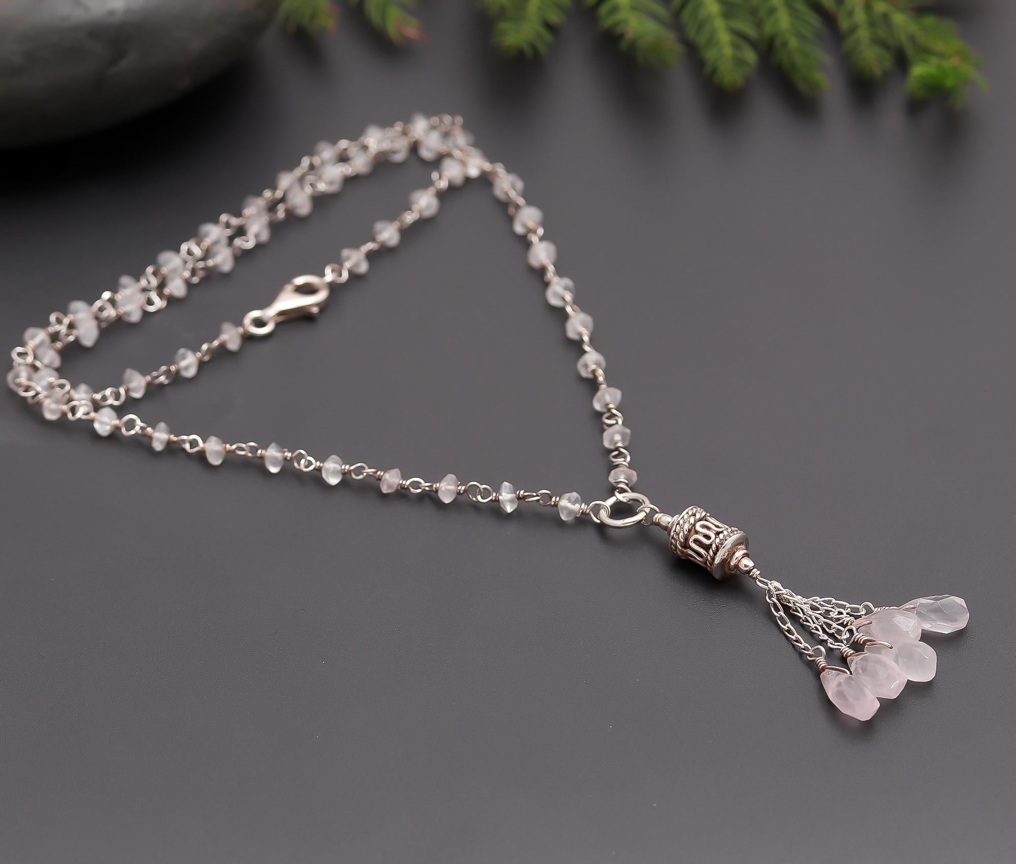 925 Silver Rose Quartz Tassel Pendant Necklace
