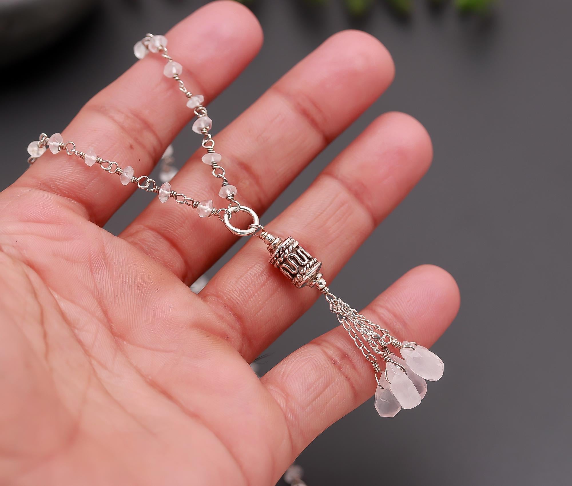 925 Silver Rose Quartz Tassel Pendant Necklace