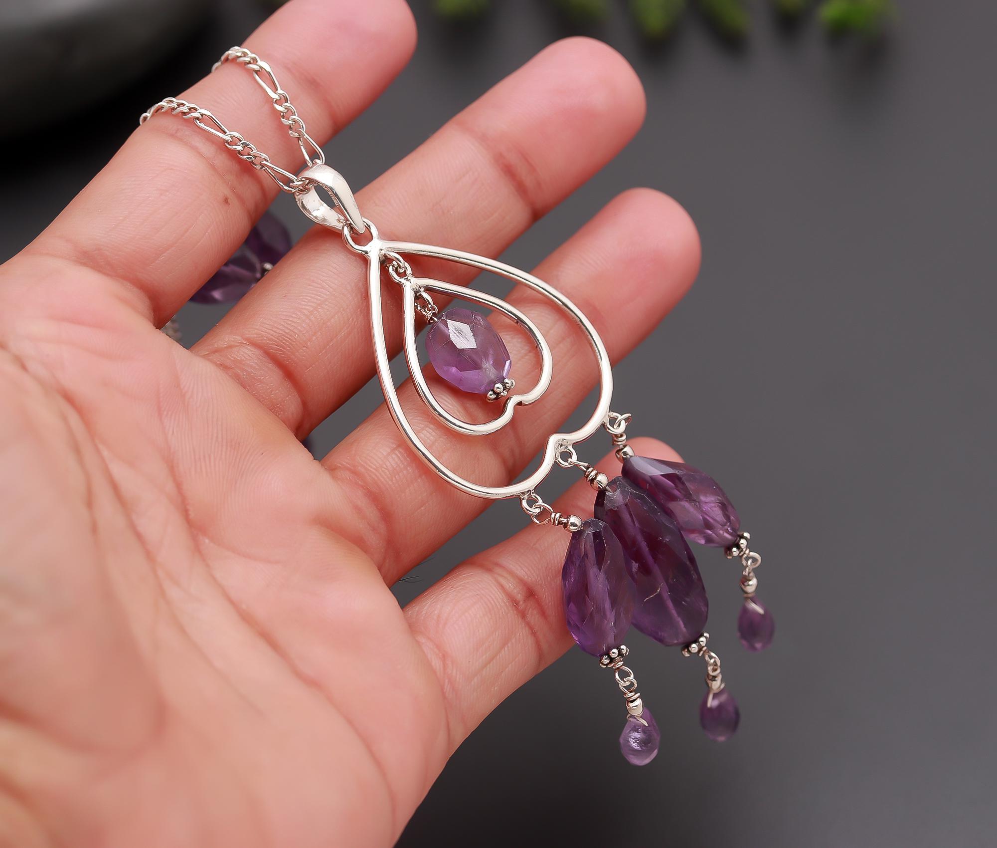 925 Silver Amethyst Beads Pendant Necklace