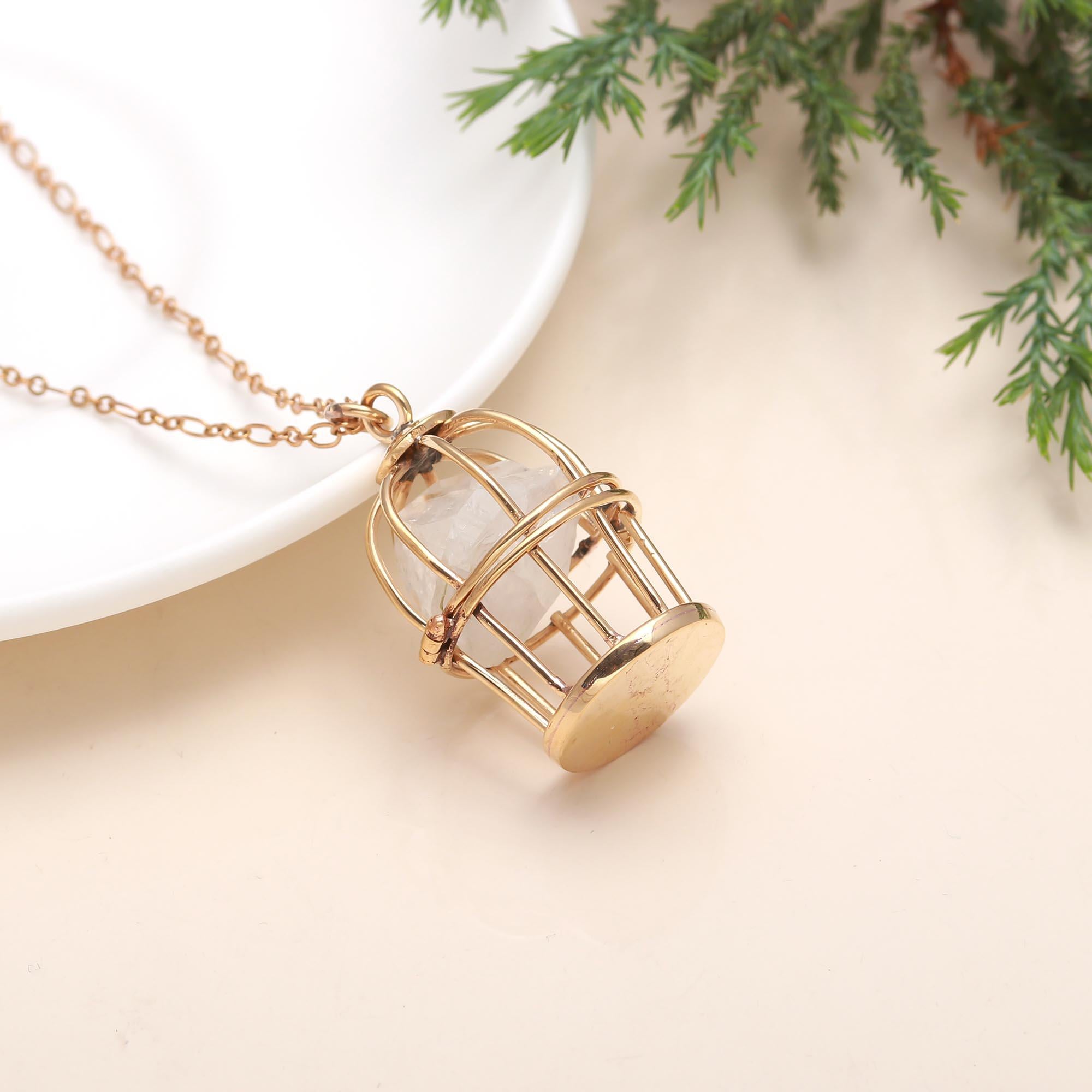 The Gilded Sanctuary: Raw Quartz Cage Pendant Necklace